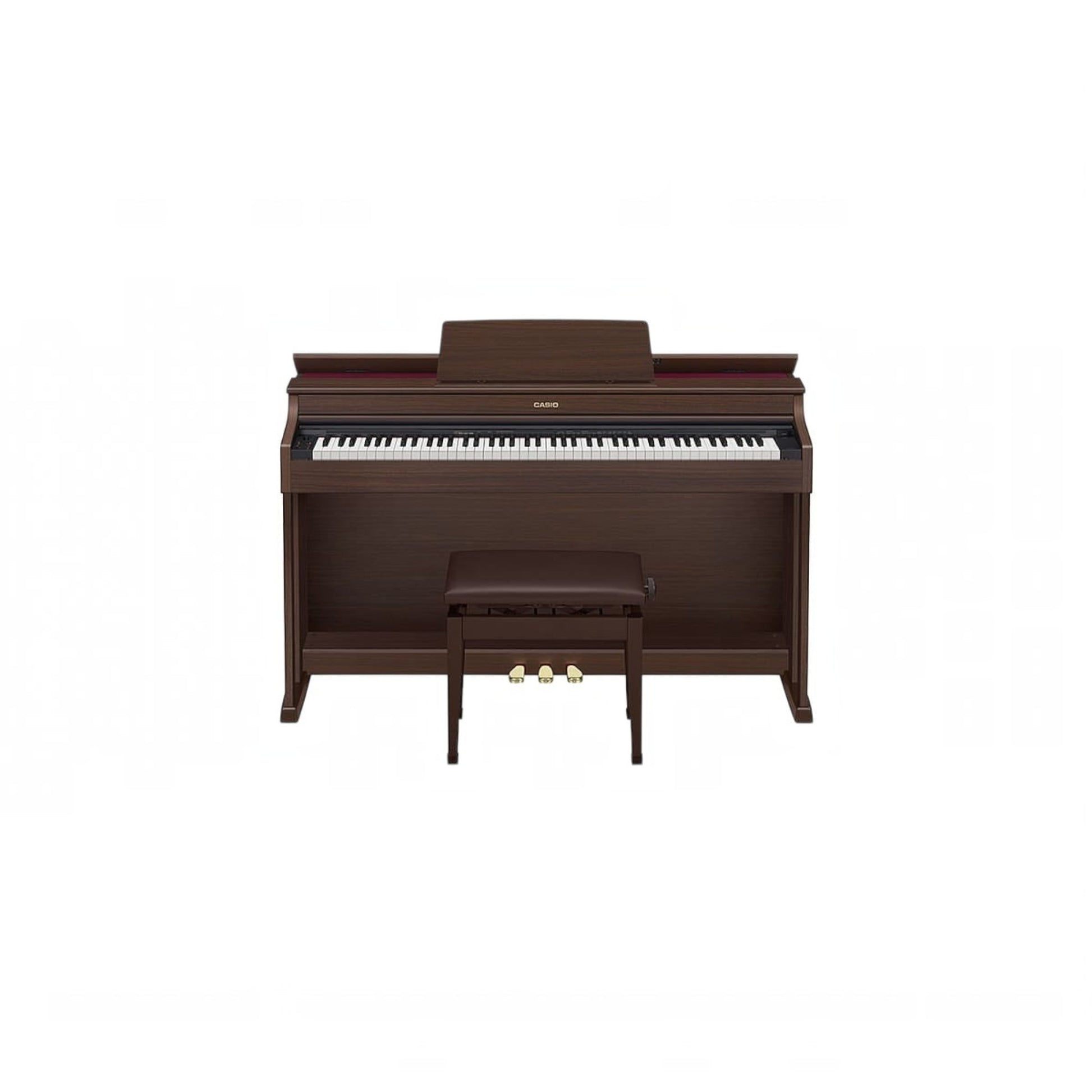 Đàn piano điện Casio AP-470 màu nâu gỗ sang trọng tại TÂN NHẠC CỤ, thiết kế dáng tủ console kèm ghế và ba bàn đạp.