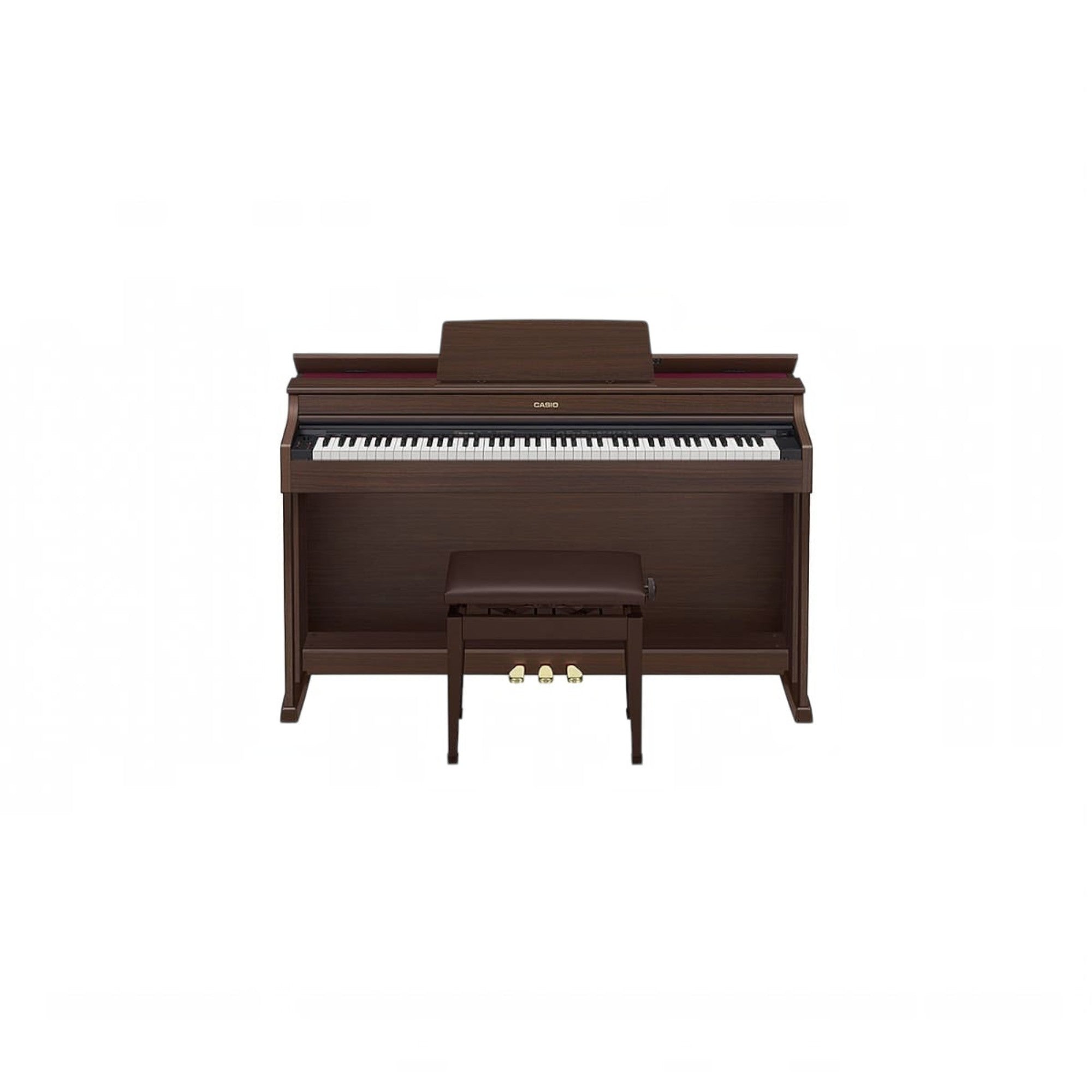 Đàn piano điện Casio AP-470 màu nâu gỗ sang trọng tại TÂN NHẠC CỤ, thiết kế dáng tủ console kèm ghế và ba bàn đạp.