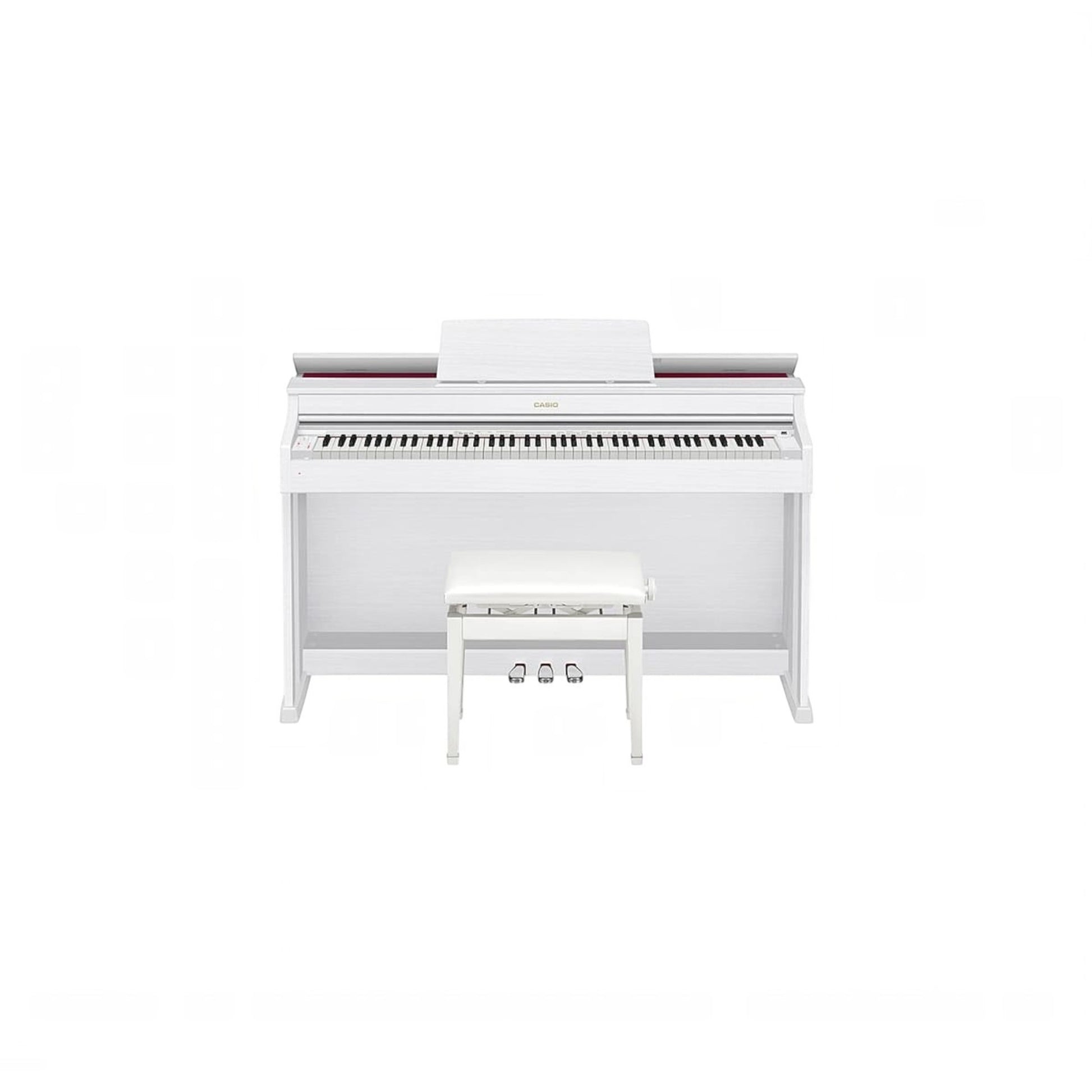 Đàn piano điện Casio AP-470 màu trắng sang trọng tại TÂN NHẠC CỤ, thiết kế dáng tủ hiện đại kèm ghế ngồi đồng bộ.