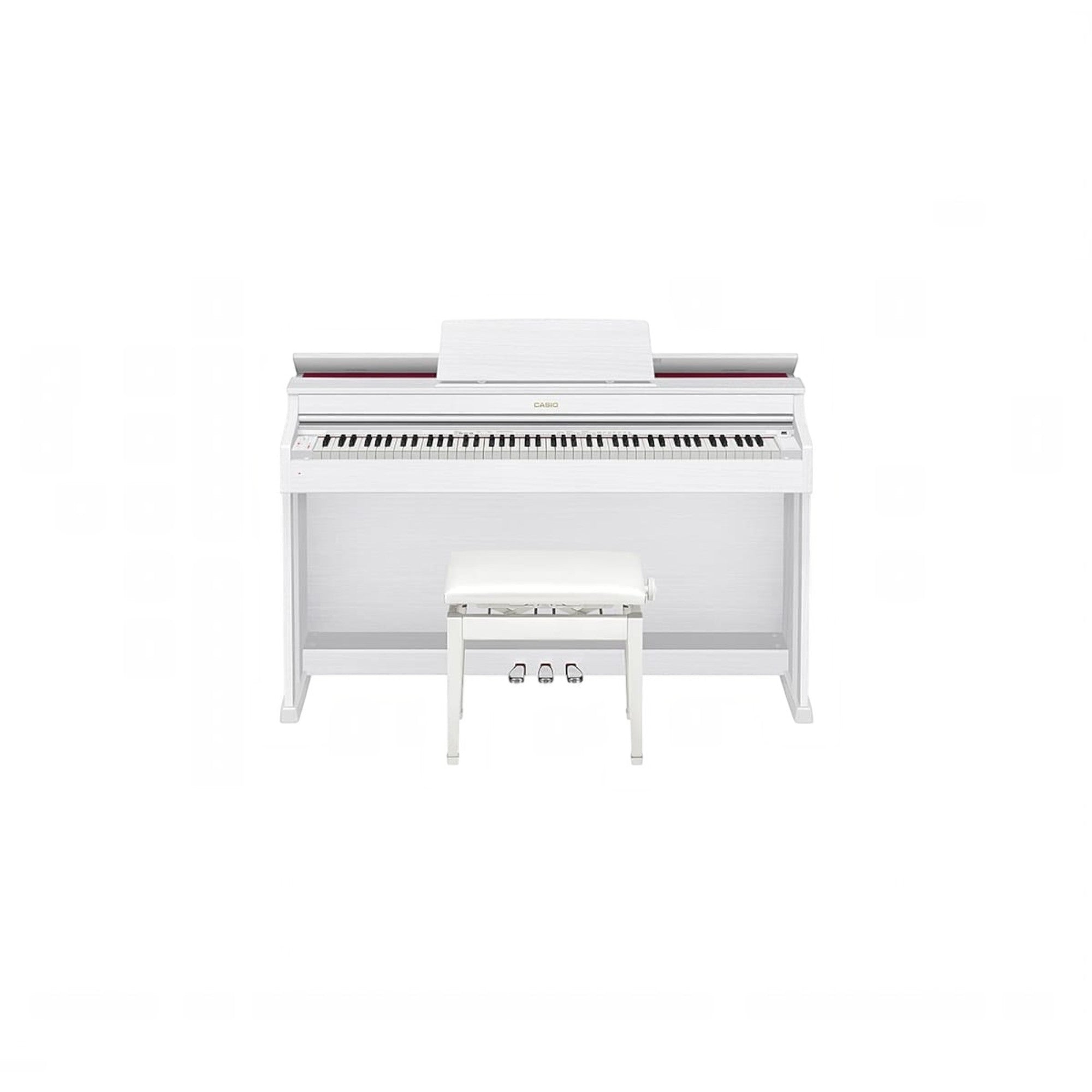 Đàn piano điện Casio AP-470 màu trắng sang trọng tại TÂN NHẠC CỤ, thiết kế dáng tủ hiện đại kèm ghế ngồi đồng bộ.