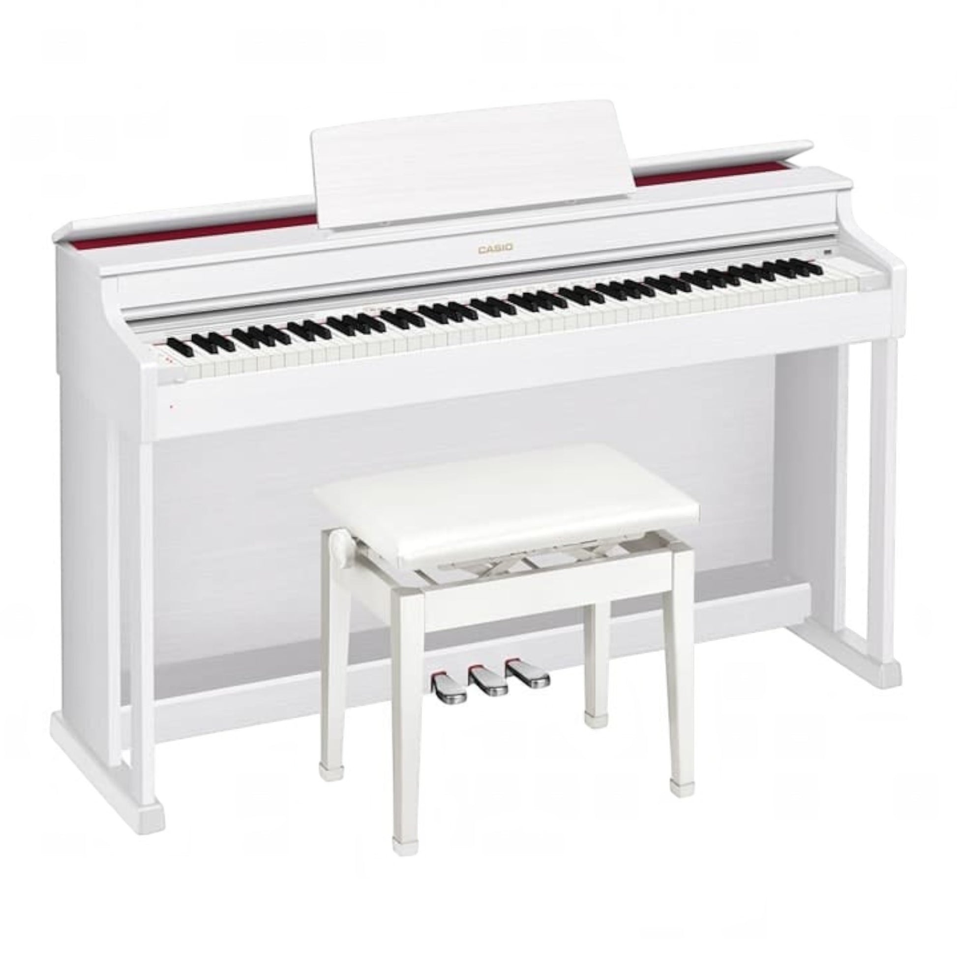 Đàn piano điện Casio AP-470 màu trắng sang trọng tại TÂN NHẠC CỤ, thiết kế dáng tủ hiện đại kèm ghế và ba bàn đạp.