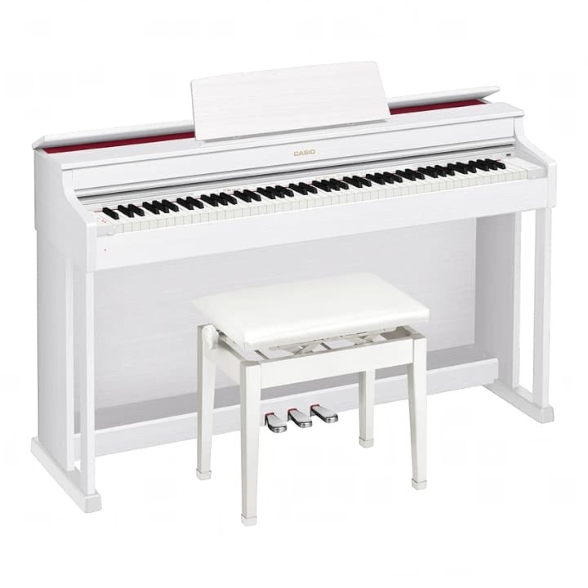 Đàn piano điện Casio AP-470 màu trắng sang trọng tại TÂN NHẠC CỤ, thiết kế dáng tủ hiện đại kèm ghế và ba bàn đạp.