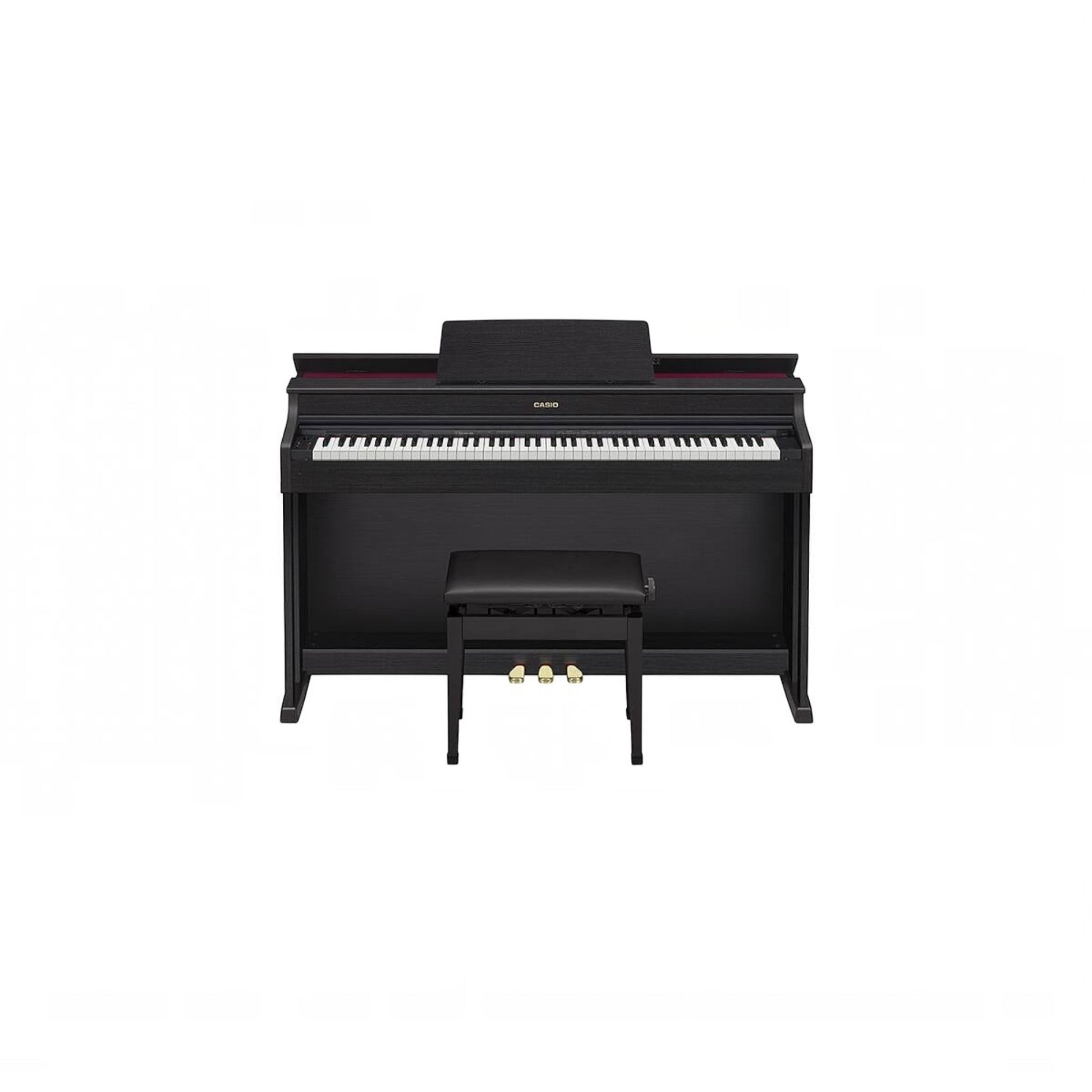 Đàn piano điện Casio AP-470 màu đen tại TÂN NHẠC CỤ, thiết kế dáng tủ sang trọng với nắp đàn mở được và ghế đi kèm.