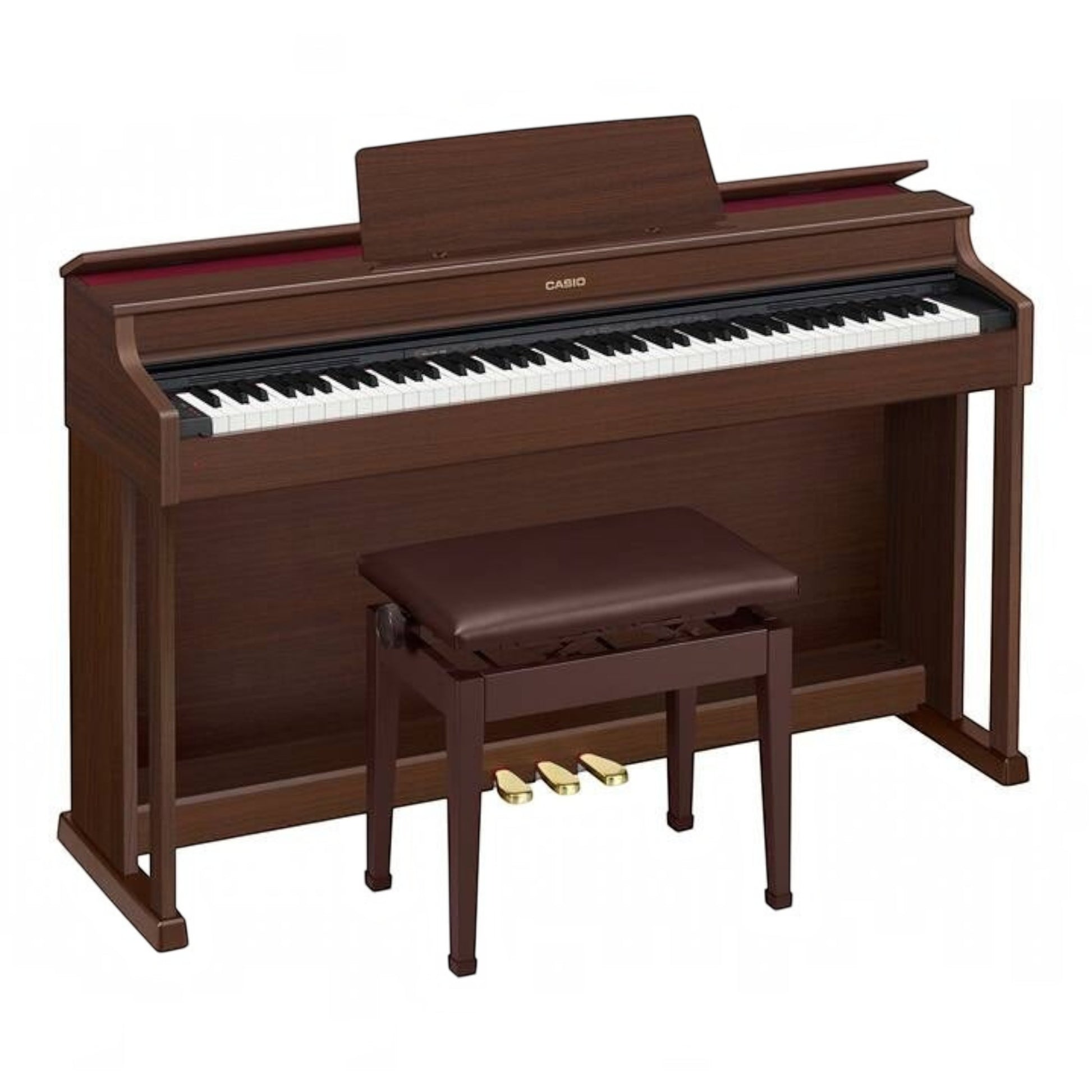 Đàn piano điện Casio AP-470 màu nâu sang trọng tại Tân Nhạc Cụ, thiết kế dáng tủ kèm ghế và ba bàn đạp.