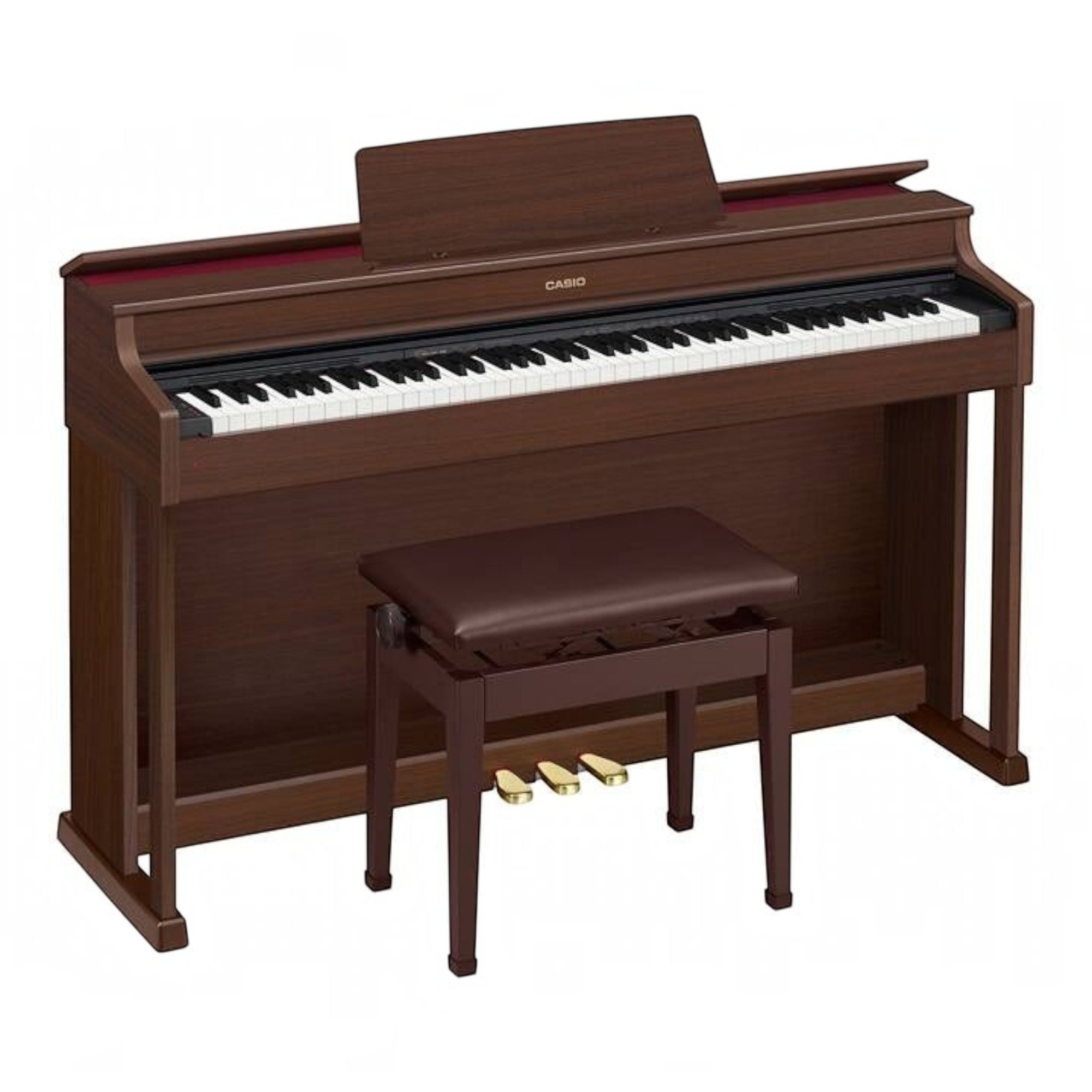 Đàn piano điện Casio AP-470 màu nâu sang trọng tại Tân Nhạc Cụ, thiết kế dáng tủ kèm ghế và ba bàn đạp.