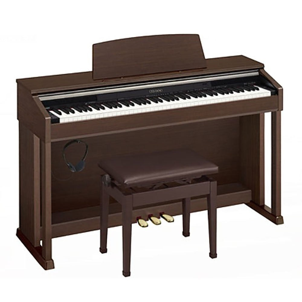 Đàn piano điện Casio AP-55 dáng tủ màu nâu gỗ sang trọng tại TÂN NHẠC CỤ, kèm ghế ngồi và 88 phím nặng tiêu chuẩn.