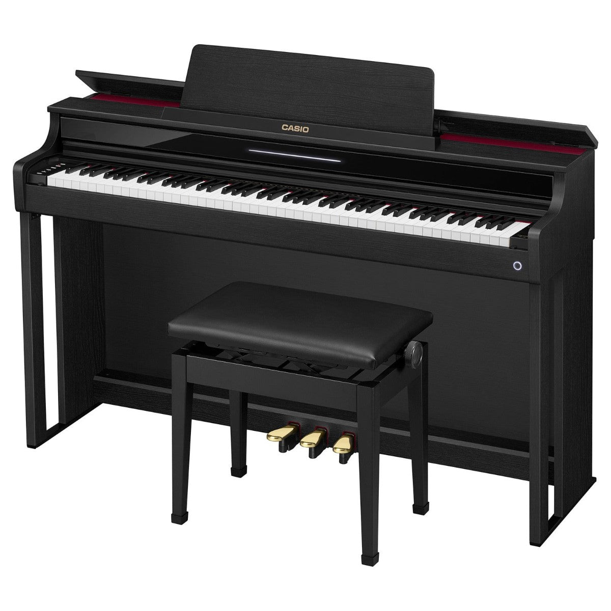 Đàn piano điện TÂN NHẠC CỤ Casio AP-550 màu đen sang trọng với thiết kế dáng tủ, bàn phím gỗ-nhựa và ghế đi kèm.