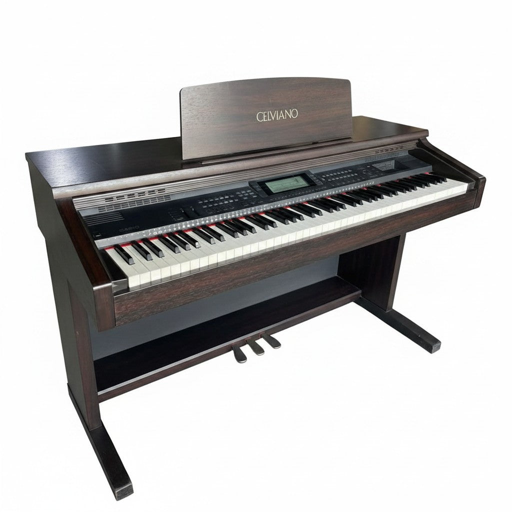 Đàn piano điện Casio AP-65 dáng tủ màu nâu gỗ sang trọng tại TÂN NHẠC CỤ với 88 phím búa và màn hình LCD hiển thị