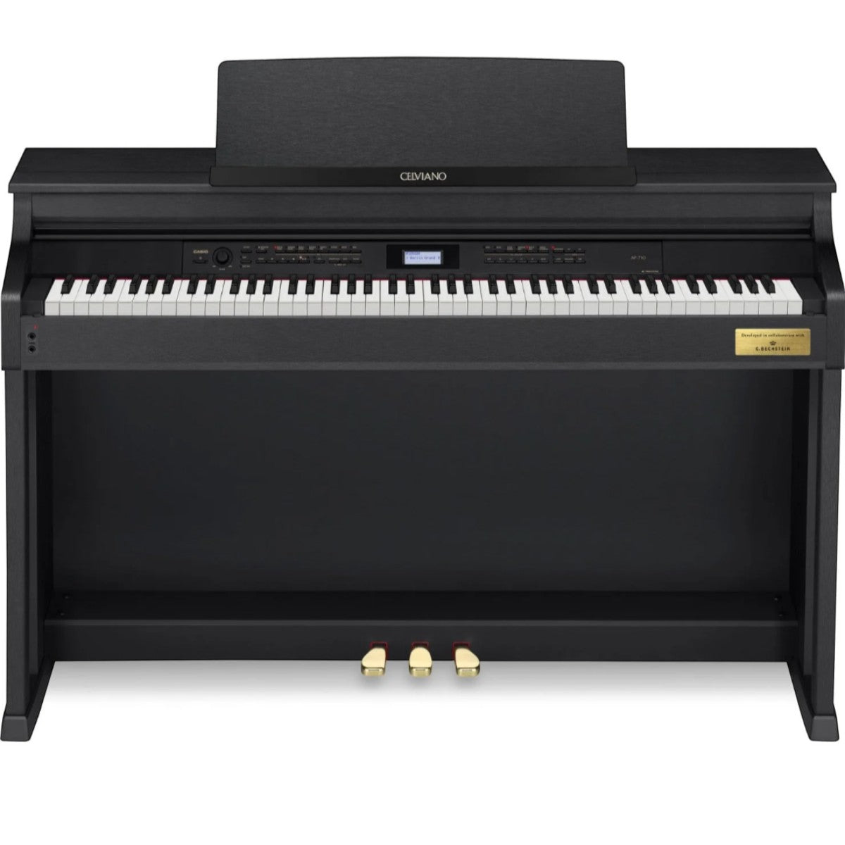 Đàn piano điện Casio AP-710 màu đen sang trọng tại TÂN NHẠC CỤ, thiết kế dáng tủ Celviano với 3 bàn đạp vàng