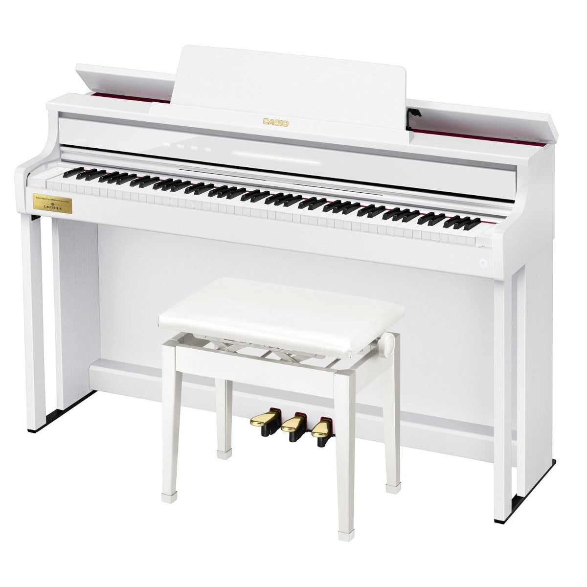 Đàn piano điện Casio AP-750 màu trắng sang trọng tại TÂN NHẠC CỤ, thiết kế dáng tủ hiện đại với ghế đi kèm.