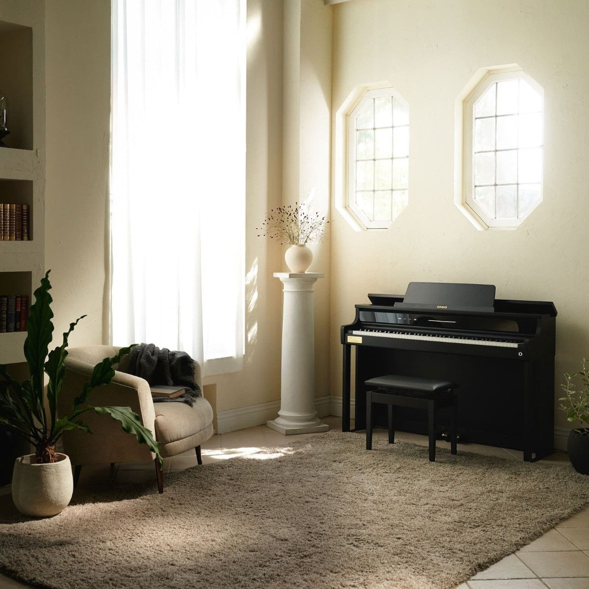 Đàn piano điện Casio AP-750 màu đen sang trọng tại showroom TÂN NHẠC CỤ, thiết kế dáng tủ hiện đại, tinh tế.