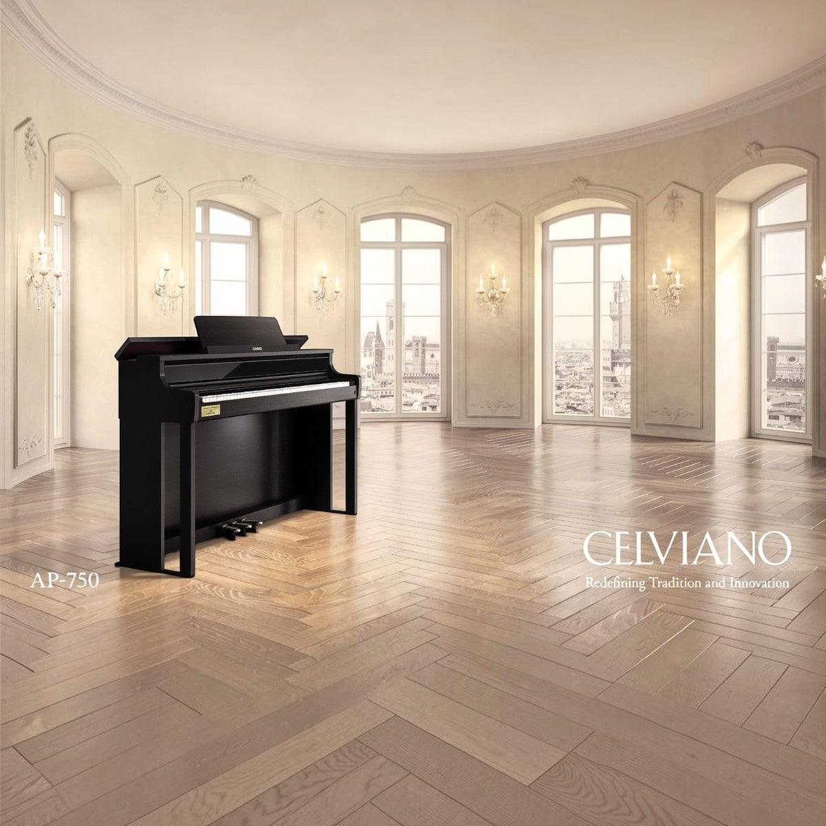 Đàn piano điện TÂN NHẠC CỤ Casio AP-750 màu đen sang trọng đặt trong phòng khách cổ điển