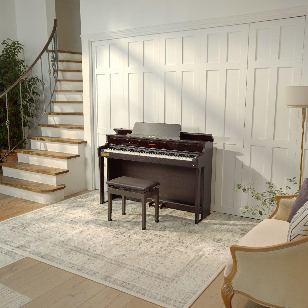 Đàn piano điện Casio AP-750 màu nâu sang trọng tại showroom TÂN NHẠC CỤ, thiết kế dáng tủ hiện đại với ghế đàn đi kèm.