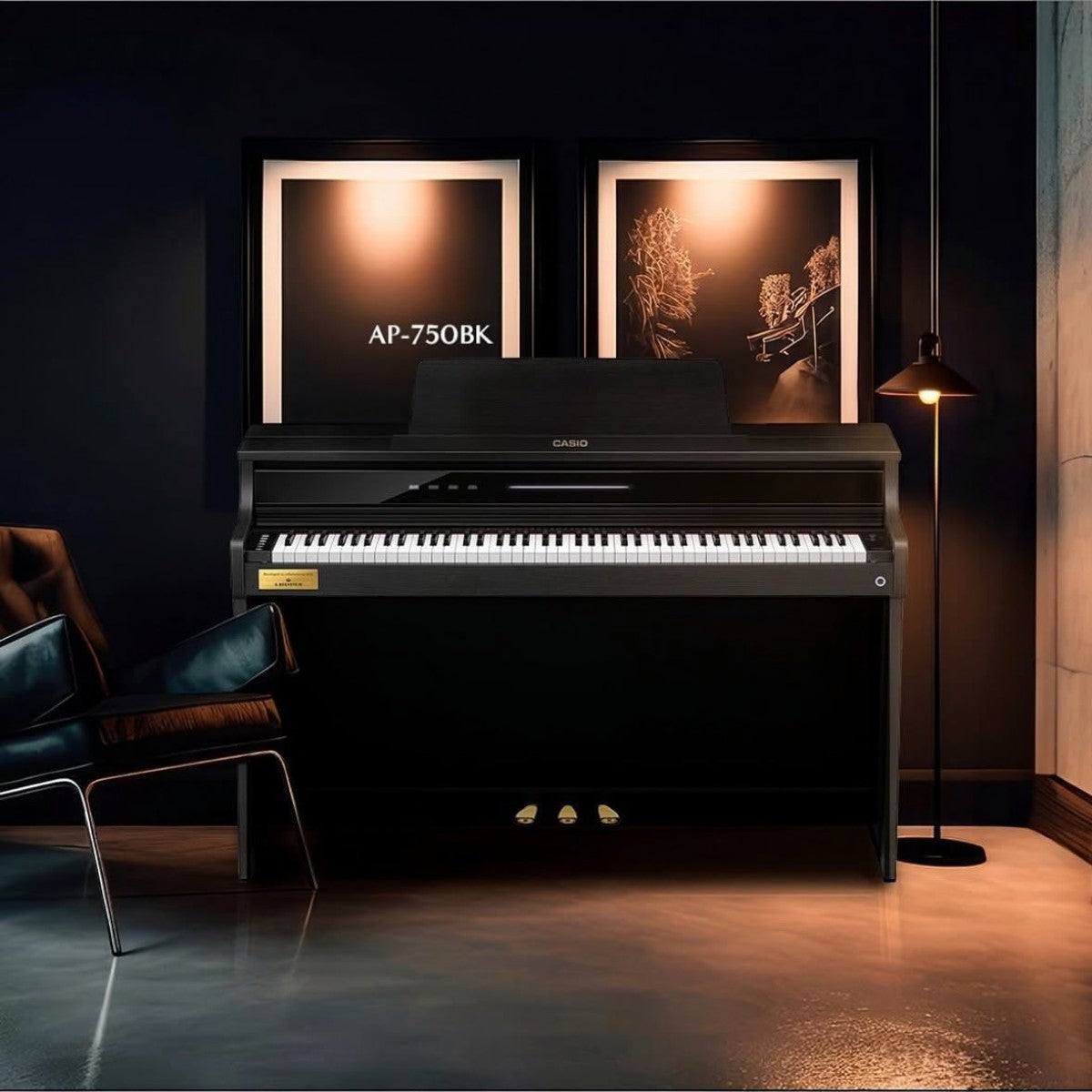 Đàn piano điện TÂN NHẠC CỤ Casio AP-750BK màu đen sang trọng với thiết kế dáng tủ hiện đại trong không gian nội thất