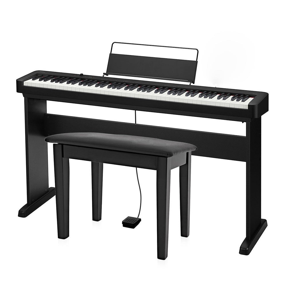 Đàn piano điện Casio CDP-S100 màu đen tại TÂN NHẠC CỤ, thiết kế mỏng gọn với 88 phím búa, kèm ghế và giá nhạc.