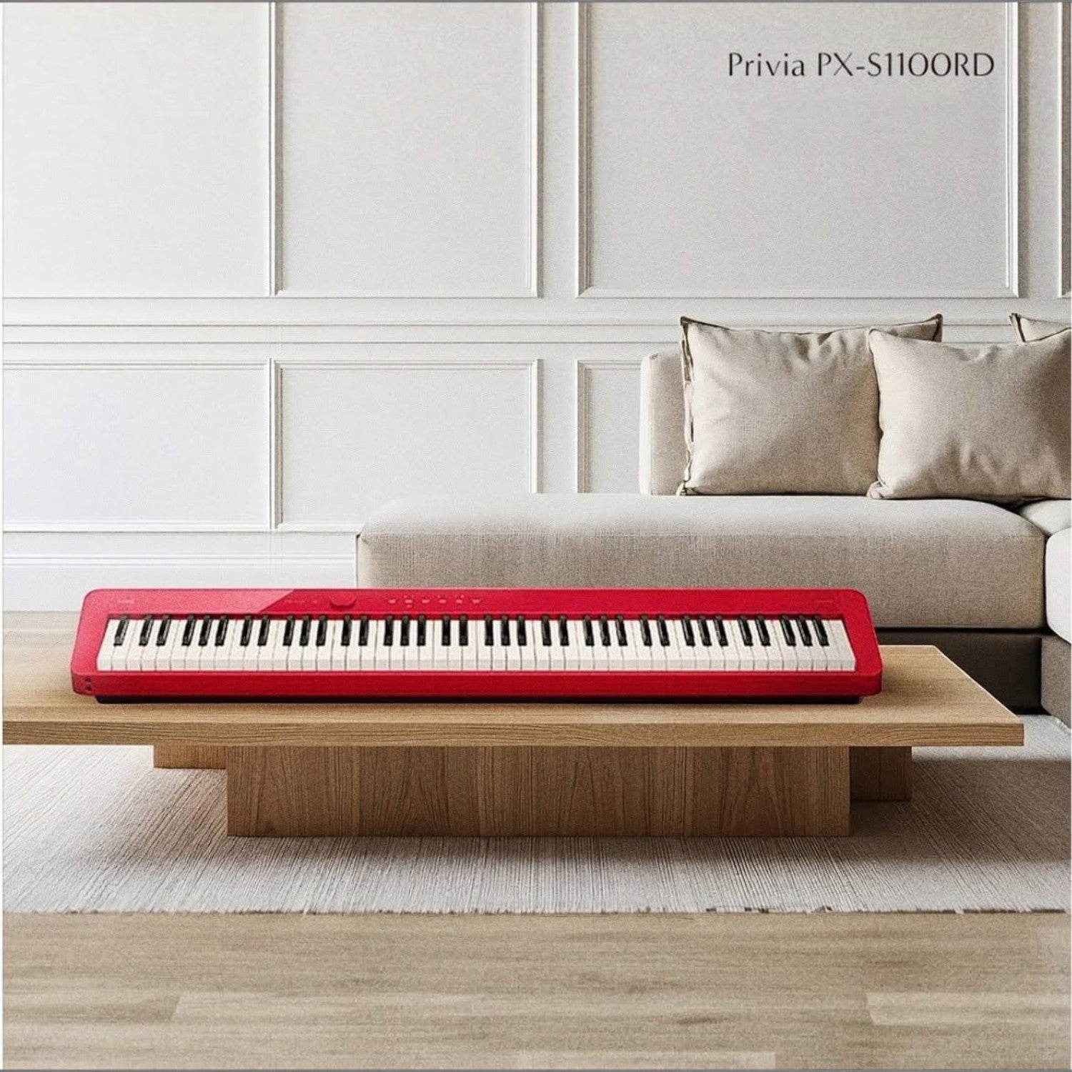 Đàn piano điện Casio Privia PX-S1100 màu đỏ mỏng gọn đặt trên bàn gỗ tại TÂN NHẠC CỤ