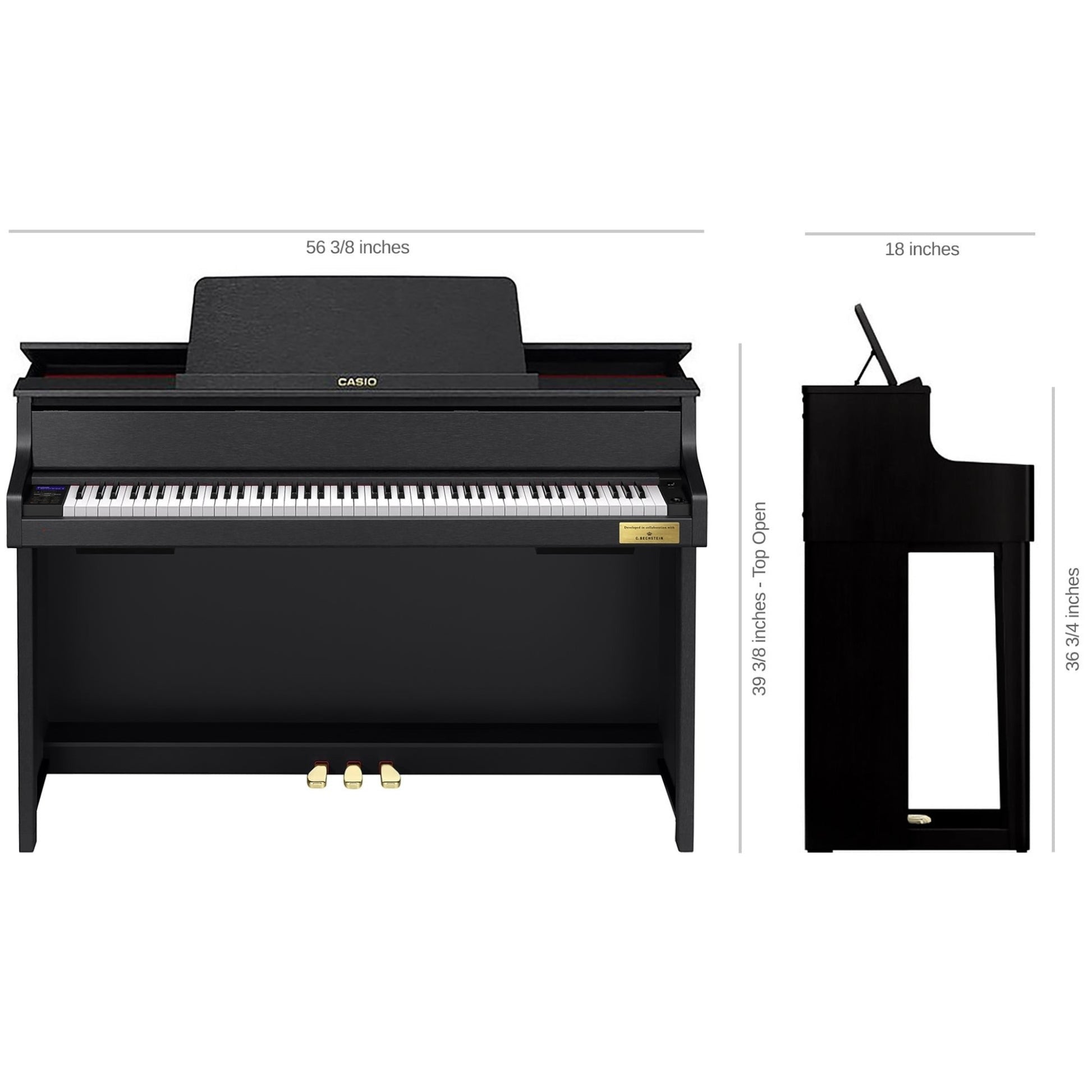 Đàn piano điện TÂN NHẠC CỤ Casio GP-310 màu đen với bộ máy phím gỗ và búa cơ, hiển thị kích thước chi tiết.