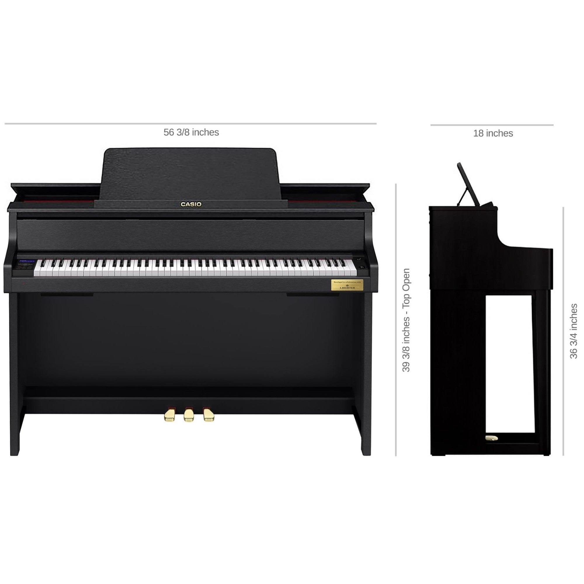 Đàn piano điện TÂN NHẠC CỤ Casio GP-310 màu đen với bộ máy phím gỗ và búa cơ, hiển thị kích thước chi tiết.