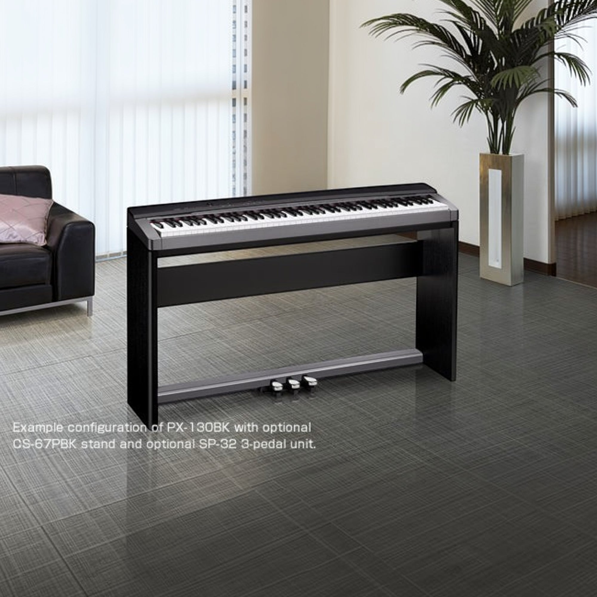 Đàn piano điện TÂN NHẠC CỤ Casio PX130 màu đen với chân đế và pedal trong không gian phòng khách hiện đại