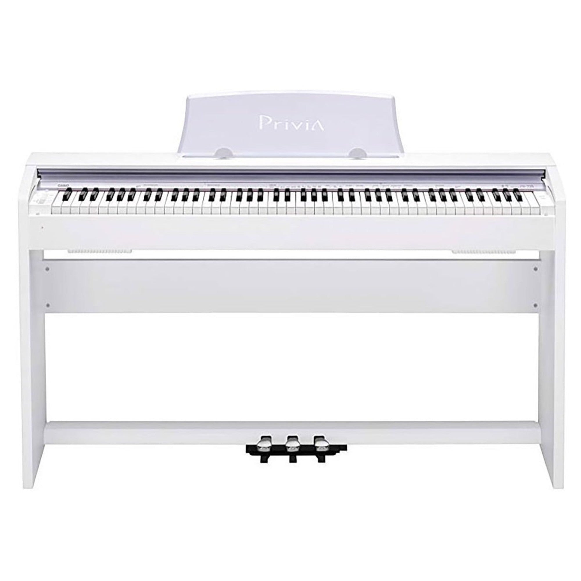 Đàn piano điện Casio PX-735 màu trắng tại TÂN NHẠC CỤ, thiết kế dáng tủ gọn gàng với 3 pedal và nắp phím trượt.