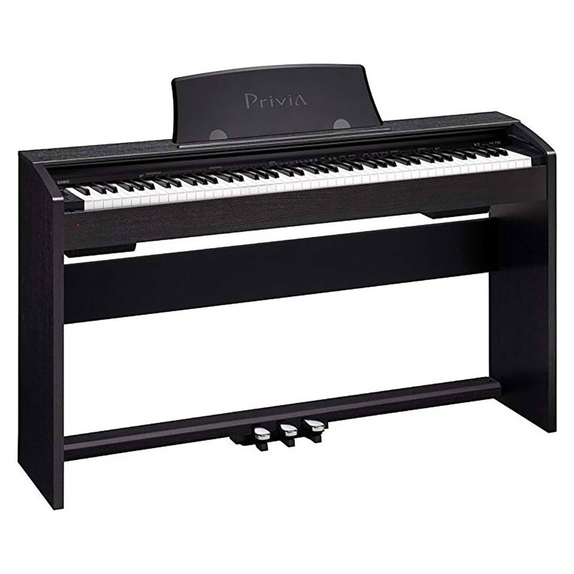 Đàn piano điện Casio PX-735 Privia màu đen dáng tủ tại TÂN NHẠC CỤ, thiết kế gọn gàng với 3 pedal và nắp phím trượt.