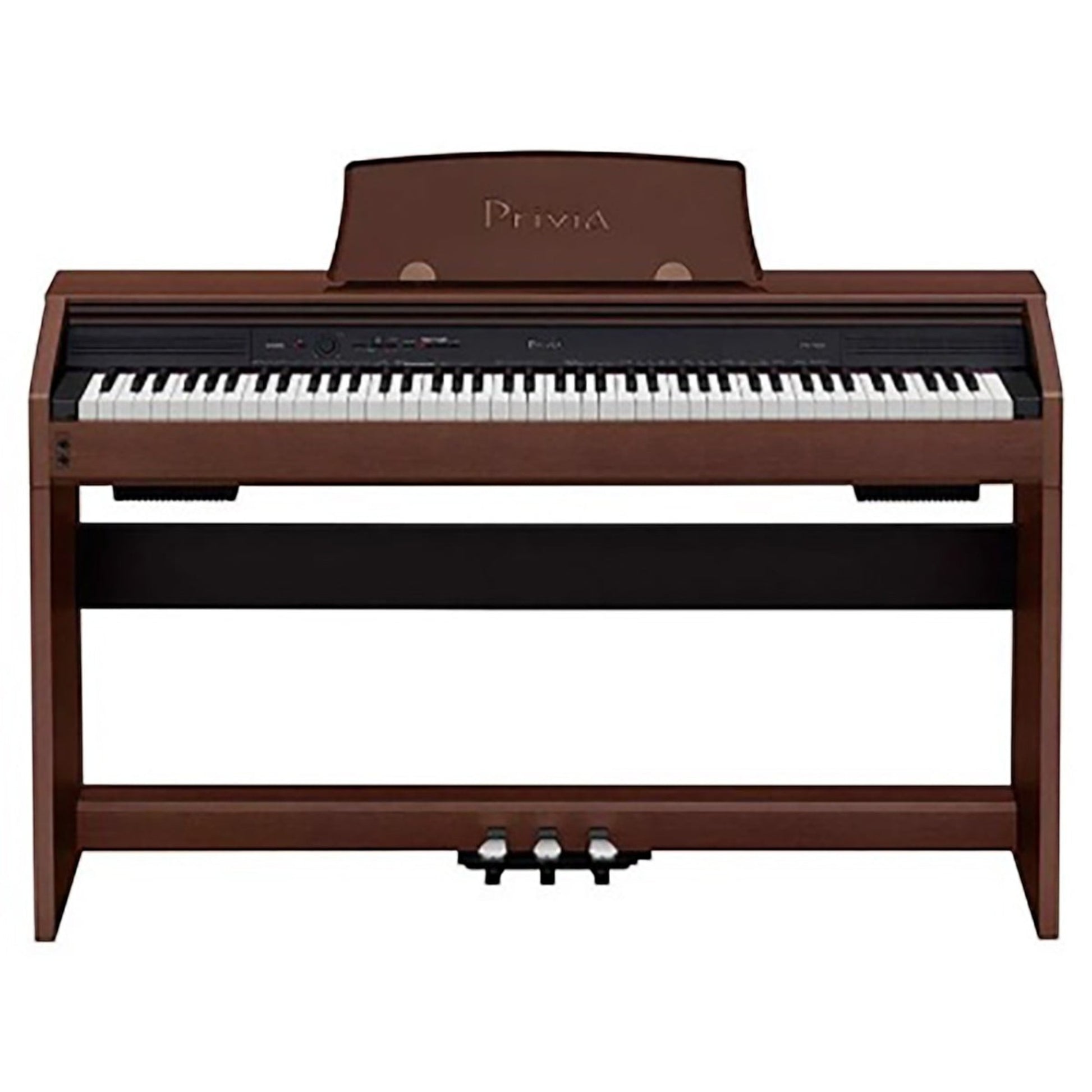 Đàn piano điện Casio PX-735 màu nâu gỗ tại TÂN NHẠC CỤ, thiết kế dáng tủ gọn gàng với 3 pedal và nắp phím trượt.