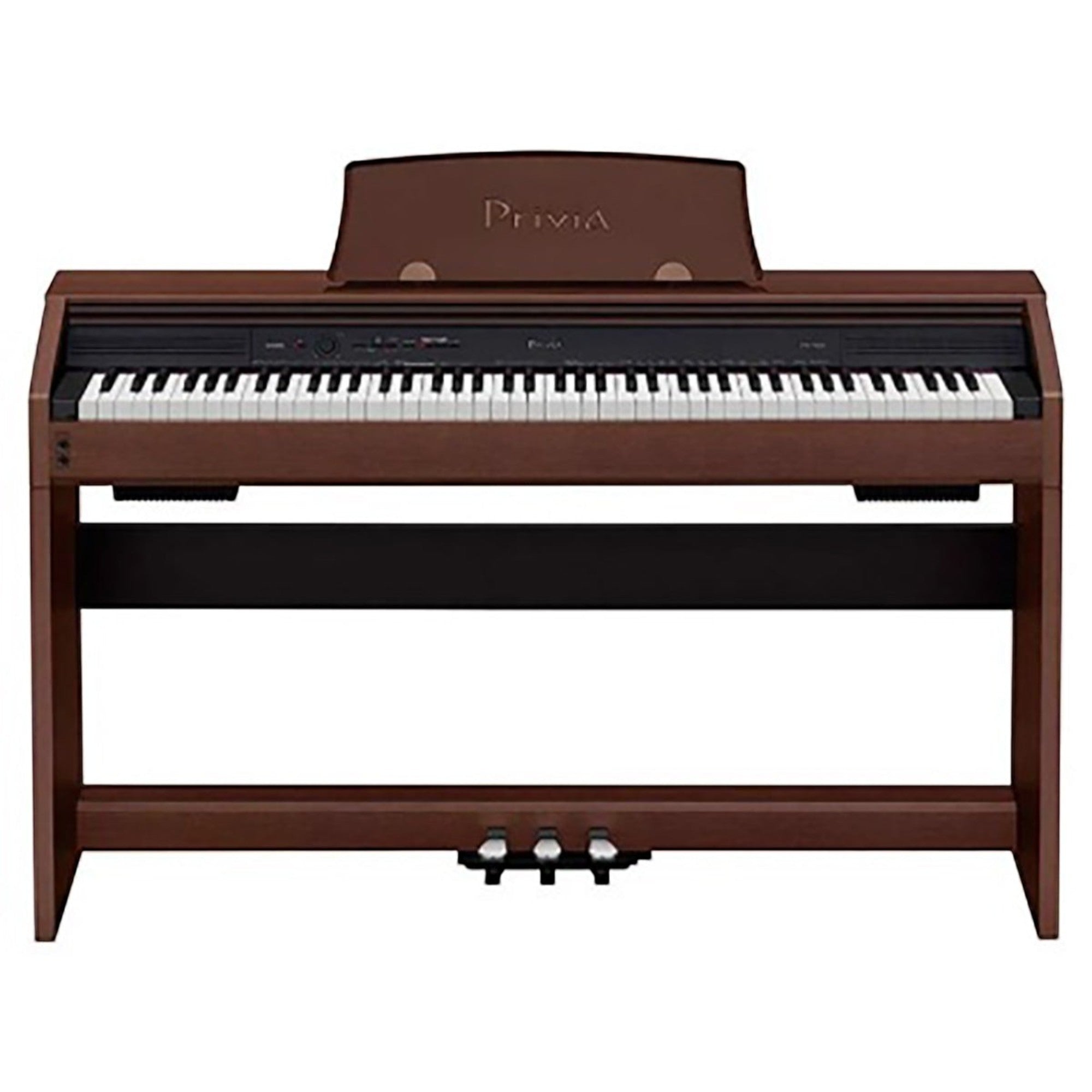 Đàn piano điện Casio PX-735 màu nâu gỗ tại TÂN NHẠC CỤ, thiết kế dáng tủ gọn gàng với 3 pedal và nắp phím trượt.