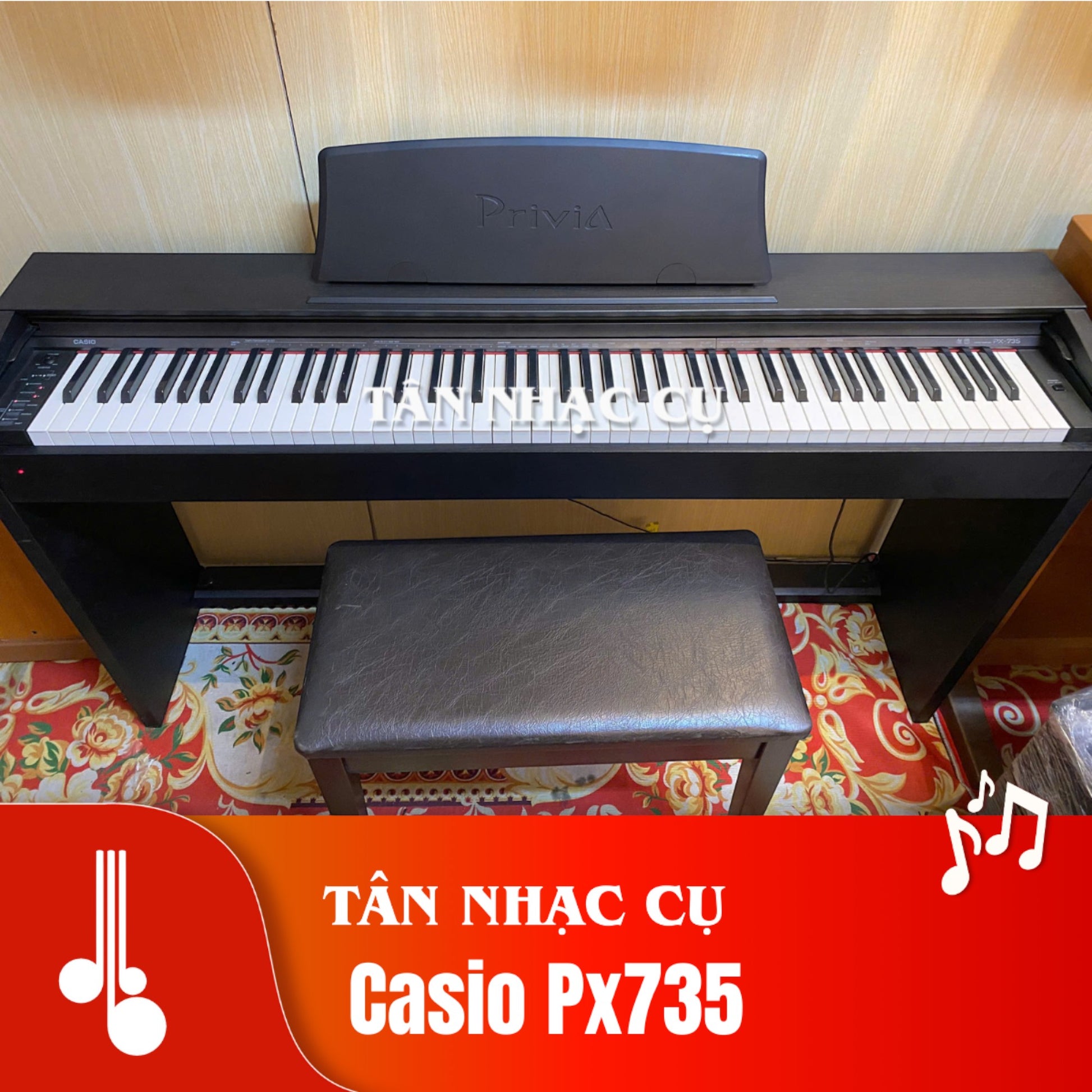 Đàn piano điện Casio PX-735 tại TÂN NHẠC CỤ, thiết kế dáng tủ màu đen sang trọng với 88 phím búa Tri-Sensor II.