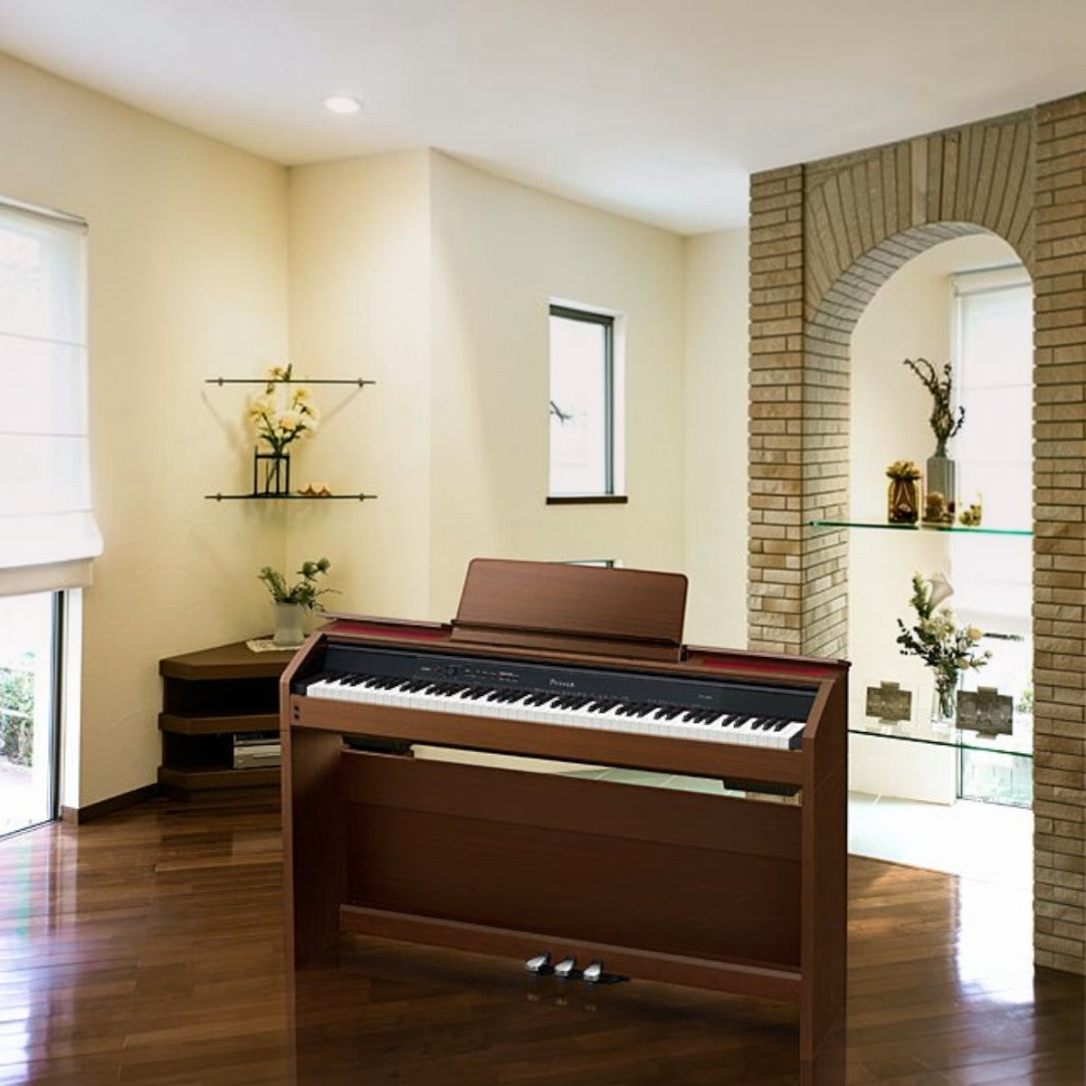 Đàn piano điện Casio PX-850 màu nâu gỗ sang trọng tại Tân Nhạc Cụ, thiết kế tủ đứng hiện đại với nắp đàn mở