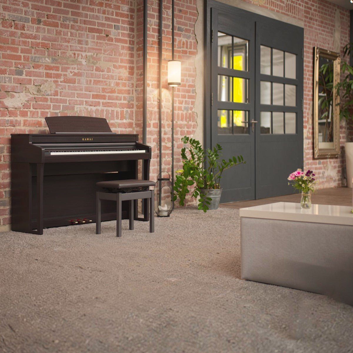 Đàn piano điện Kawai CA59 màu nâu gỗ sang trọng trong không gian nội thất ấm cúng tại TÂN NHẠC CỤ