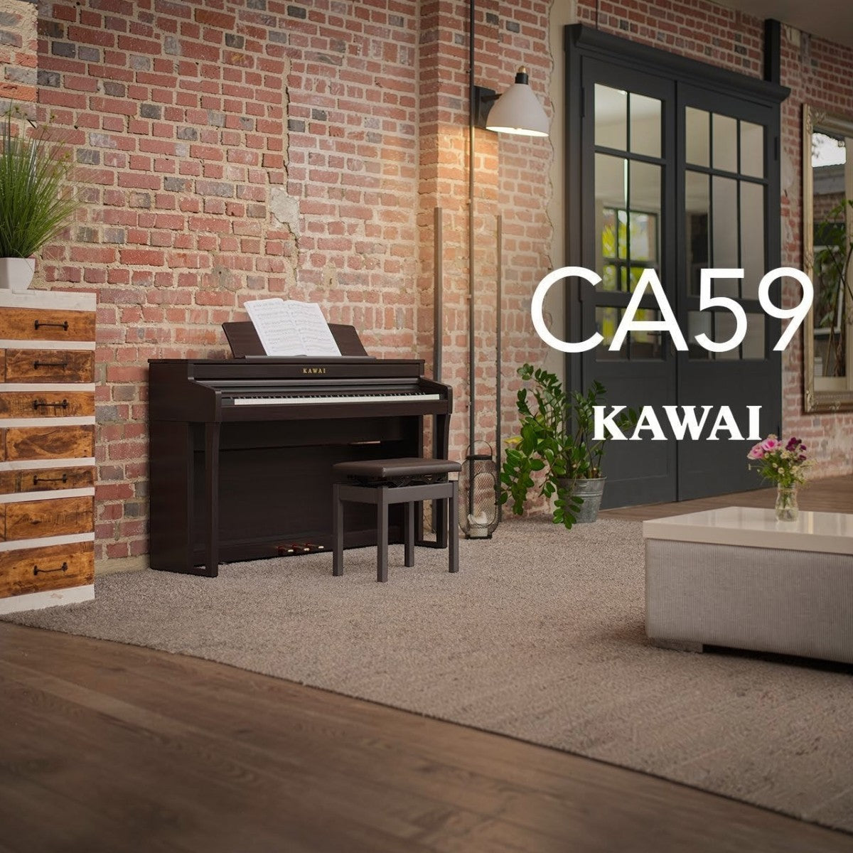 Đàn piano điện TÂN NHẠC CỤ Kawai CA59 màu nâu gỗ sang trọng đặt trong phòng khách hiện đại