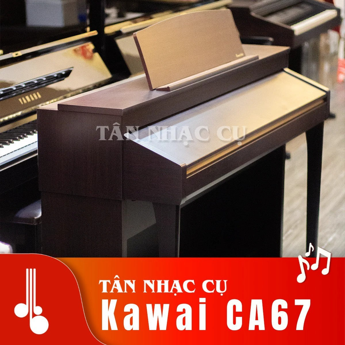 Đàn piano điện TÂN NHẠC CỤ Kawai CA67 màu nâu gỗ với thiết kế dáng tủ sang trọng và bàn phím gỗ Grand Feel II