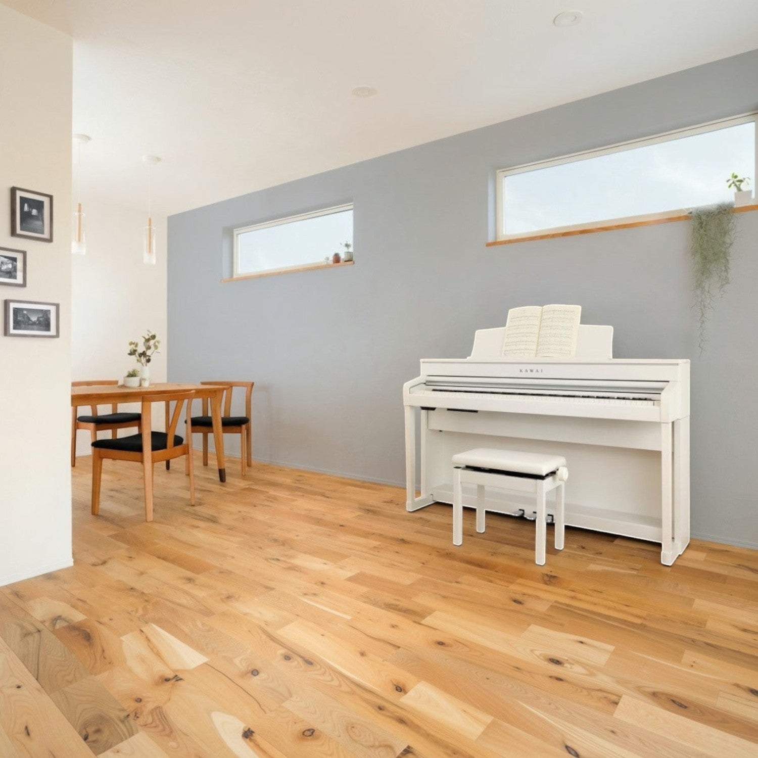 Đàn piano điện Kawai CA79 màu trắng sang trọng đặt trong phòng khách hiện đại tại TÂN NHẠC CỤ