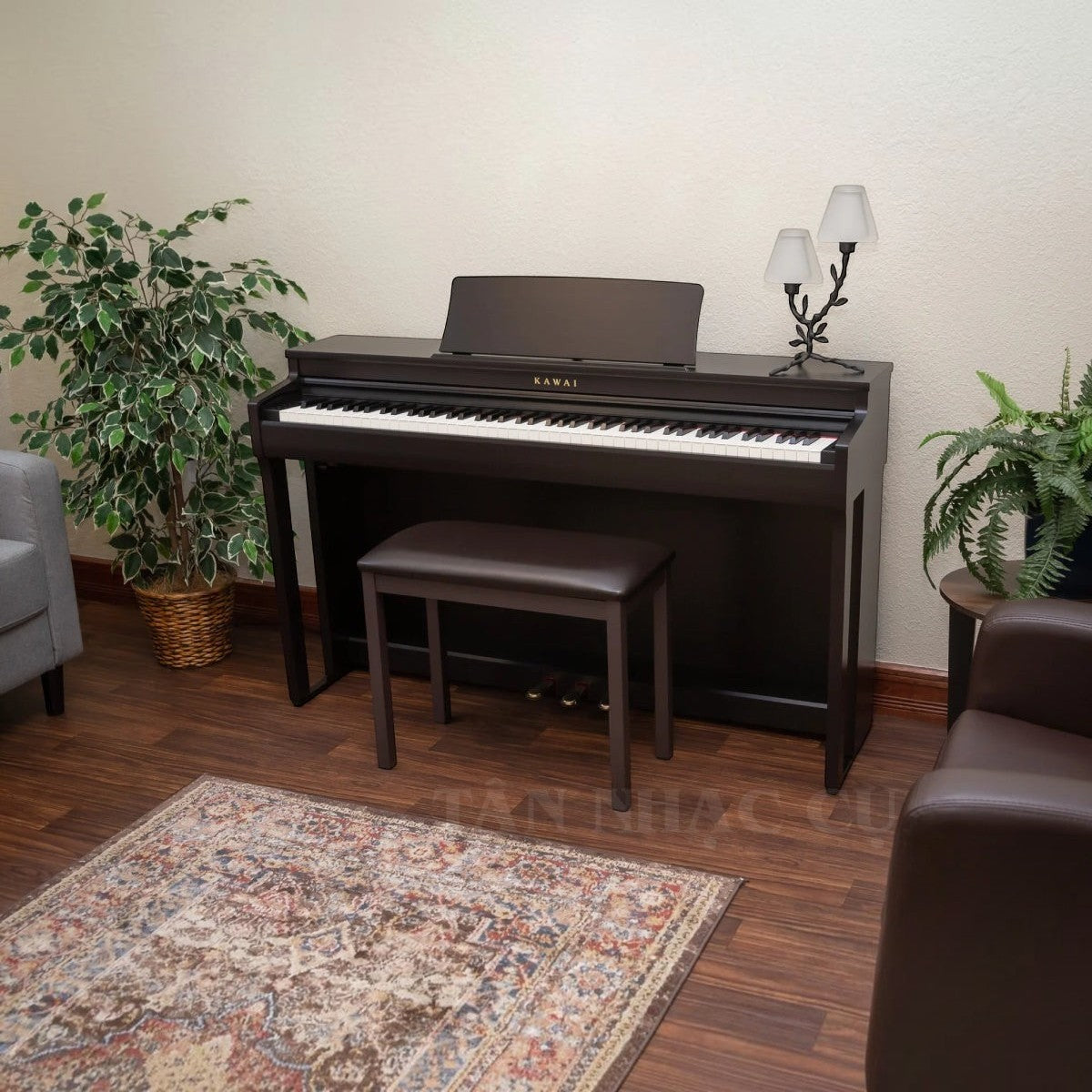 Đàn piano điện Kawai CN201 dáng tủ màu nâu gỗ sang trọng tại Tân Nhạc Cụ, thiết kế hiện đại cho không gian gia đình.