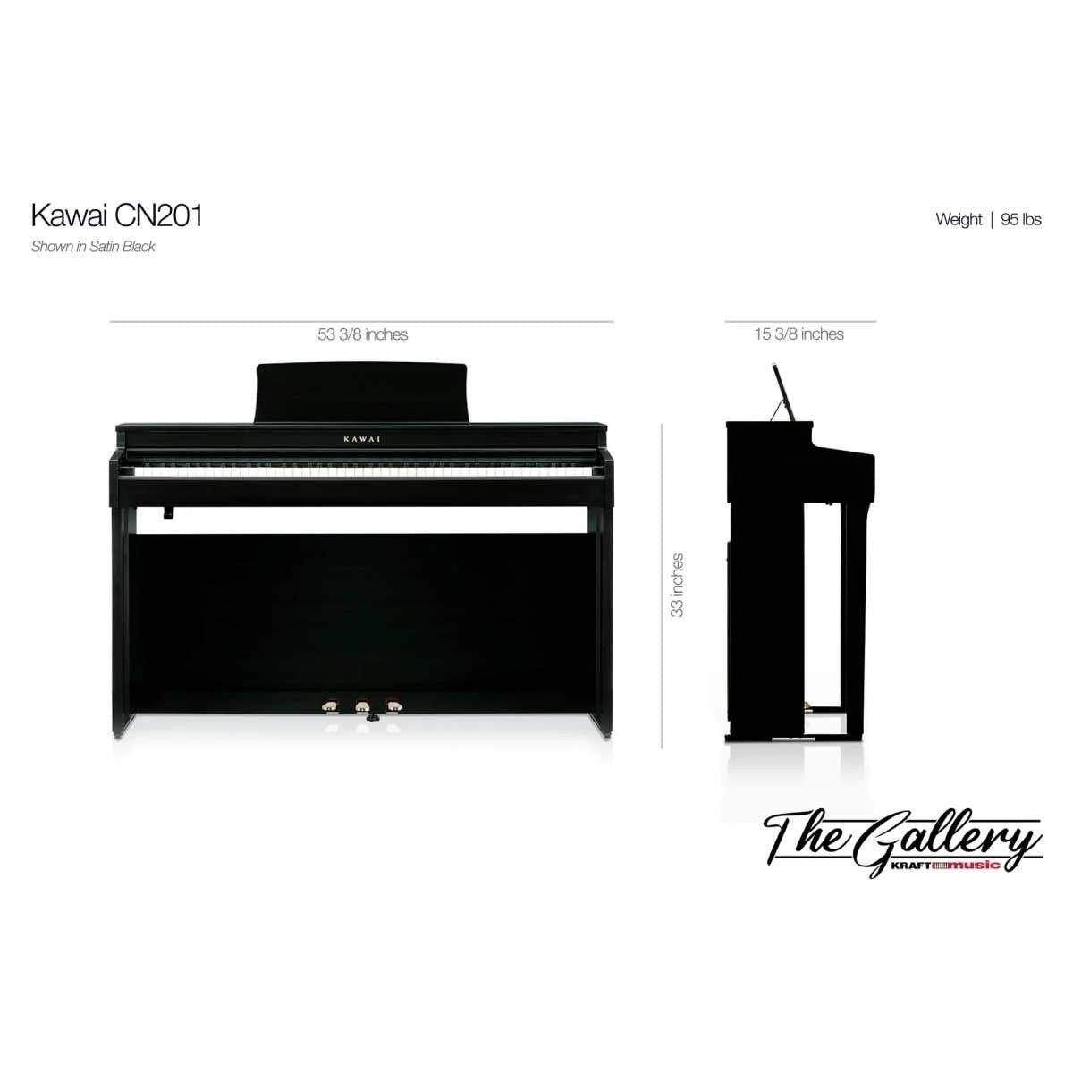 Đàn piano điện Kawai CN201 màu đen dáng tủ tại Tân Nhạc Cụ, hiển thị kích thước chi tiết mặt trước và mặt bên