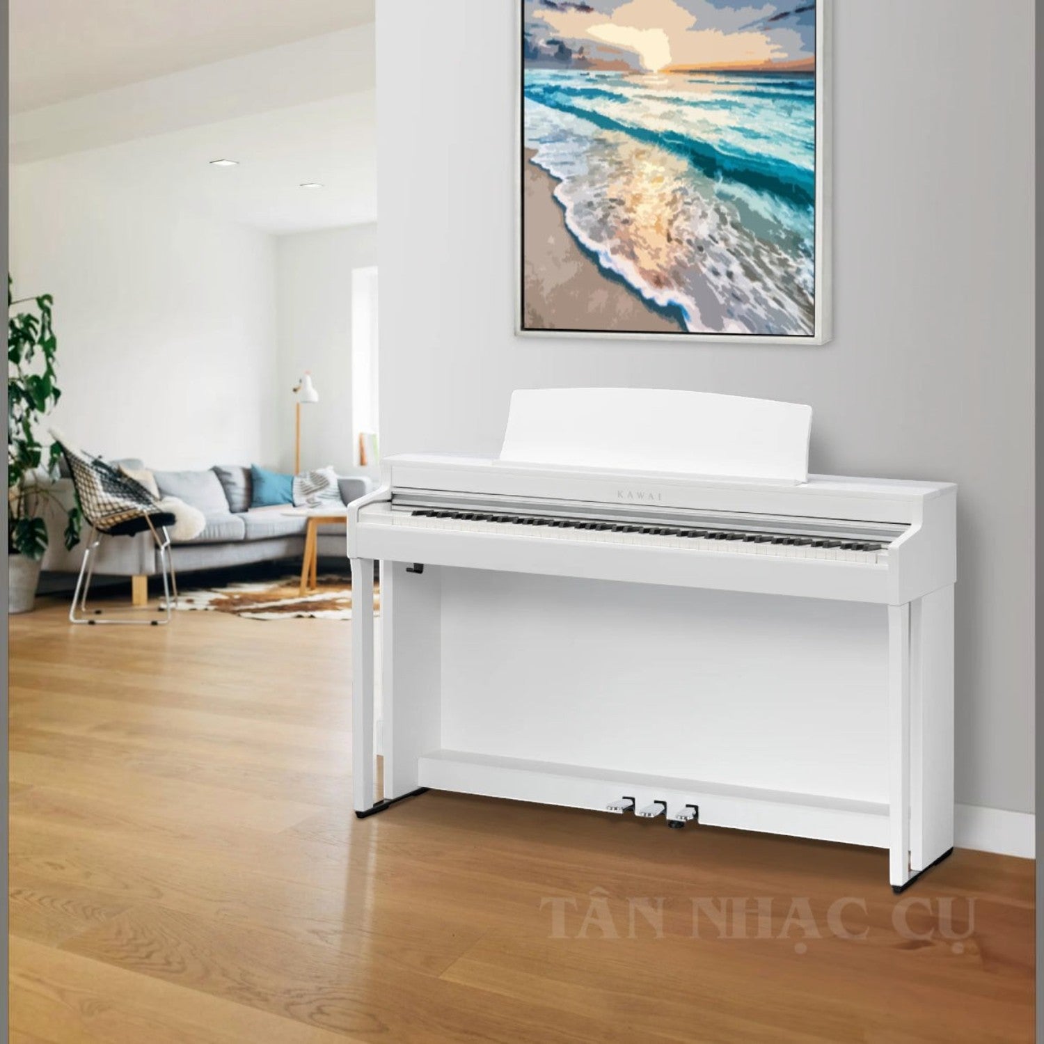 Đàn piano điện Kawai CN301 màu trắng sang trọng tại showroom Tân Nhạc Cụ, thiết kế hiện đại cho không gian gia đình.