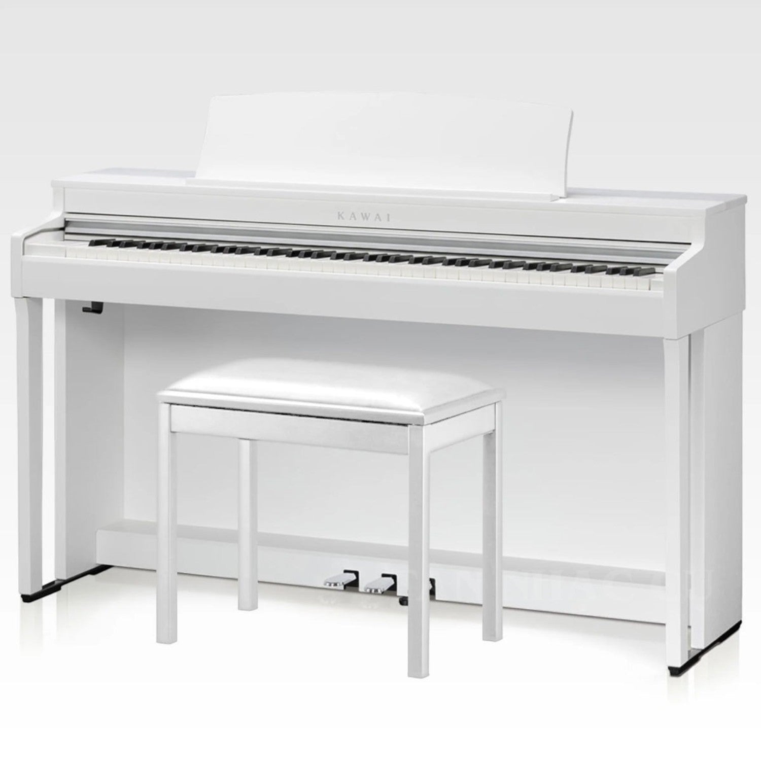 Đàn piano điện Kawai CN301 màu trắng sang trọng tại TÂN NHẠC CỤ, thiết kế dáng tủ hiện đại với ghế đàn đi kèm.