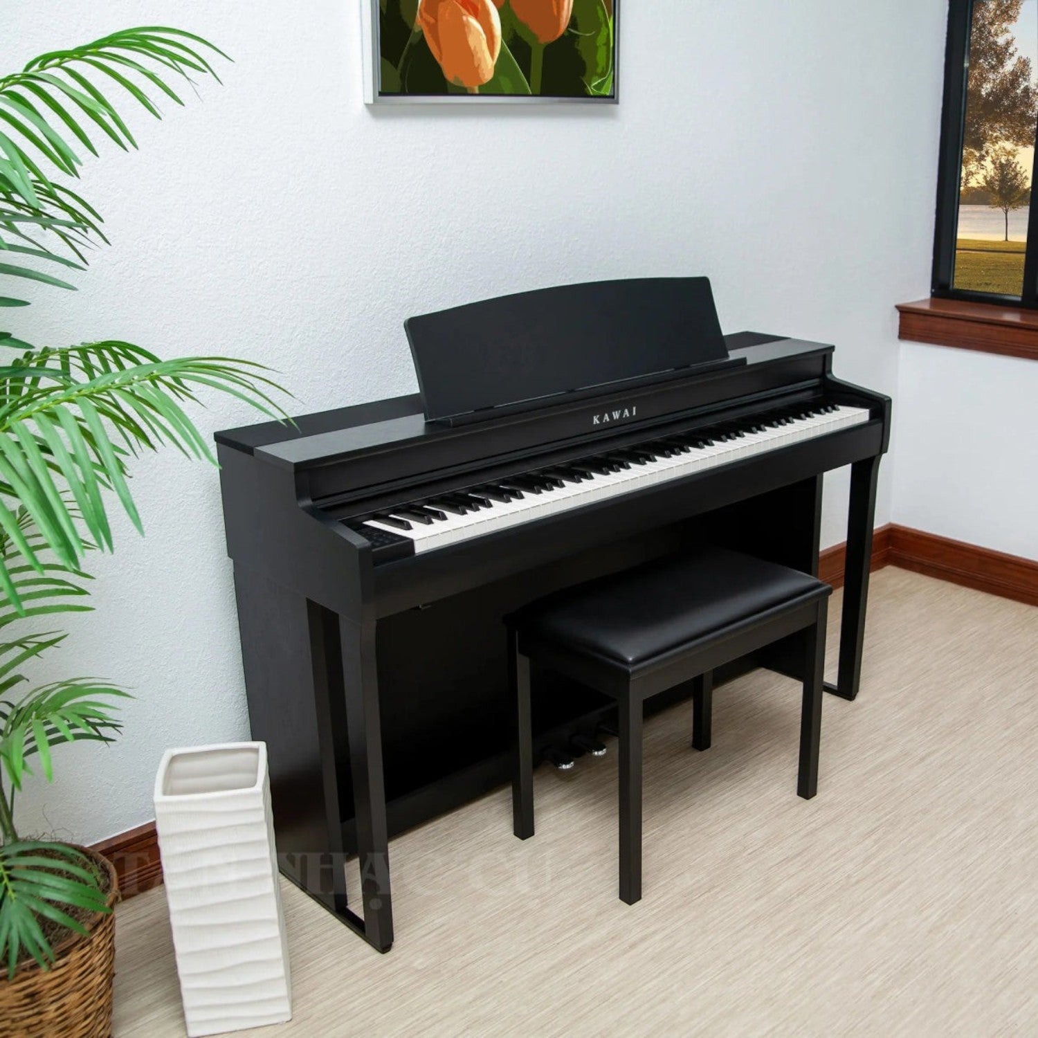 Đàn piano điện Kawai CN301 màu đen sang trọng tại TÂN NHẠC CỤ, thiết kế dáng tủ hiện đại với ghế ngồi đi kèm.