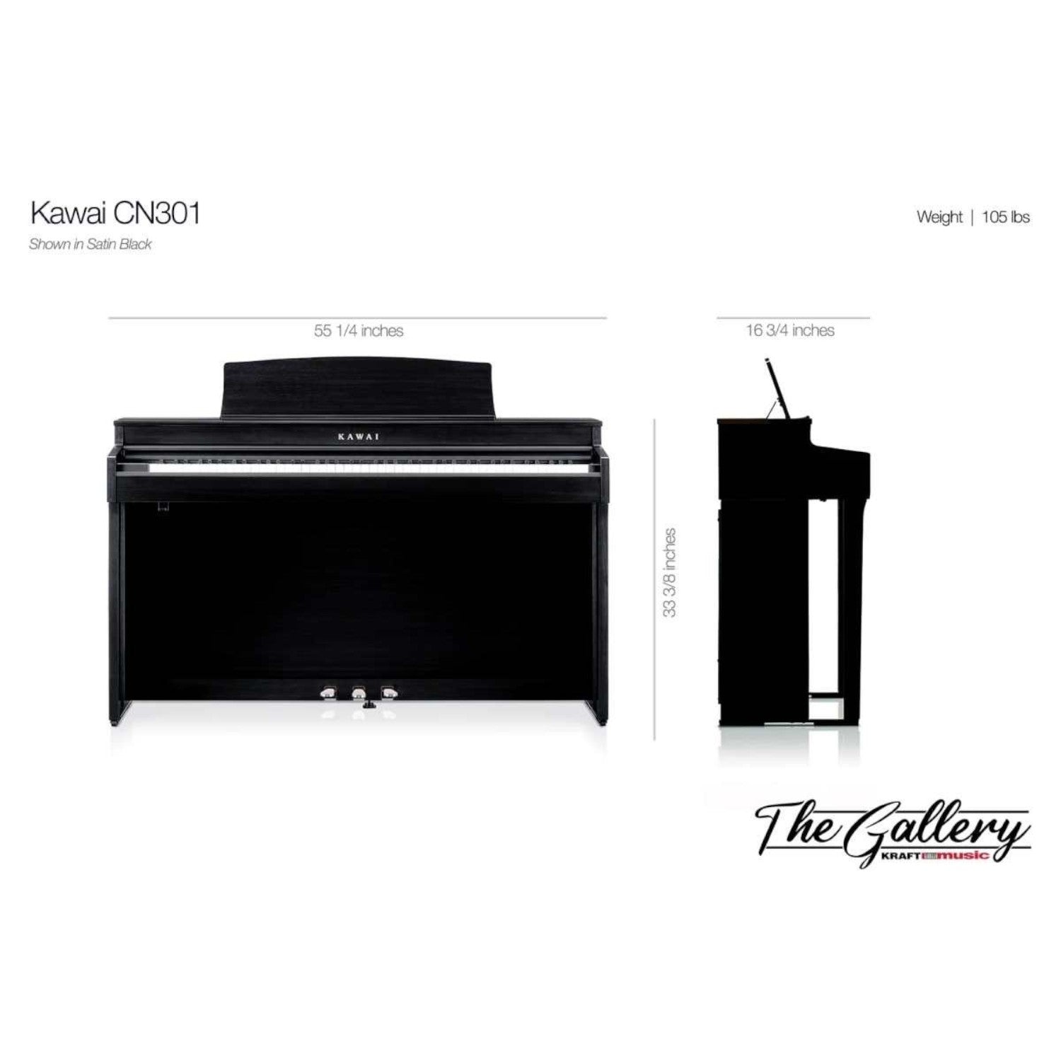 Đàn piano điện TÂN NHẠC CỤ Kawai CN301 màu đen satin với thông số kích thước chi tiết và góc nhìn chính diện, bên hông.