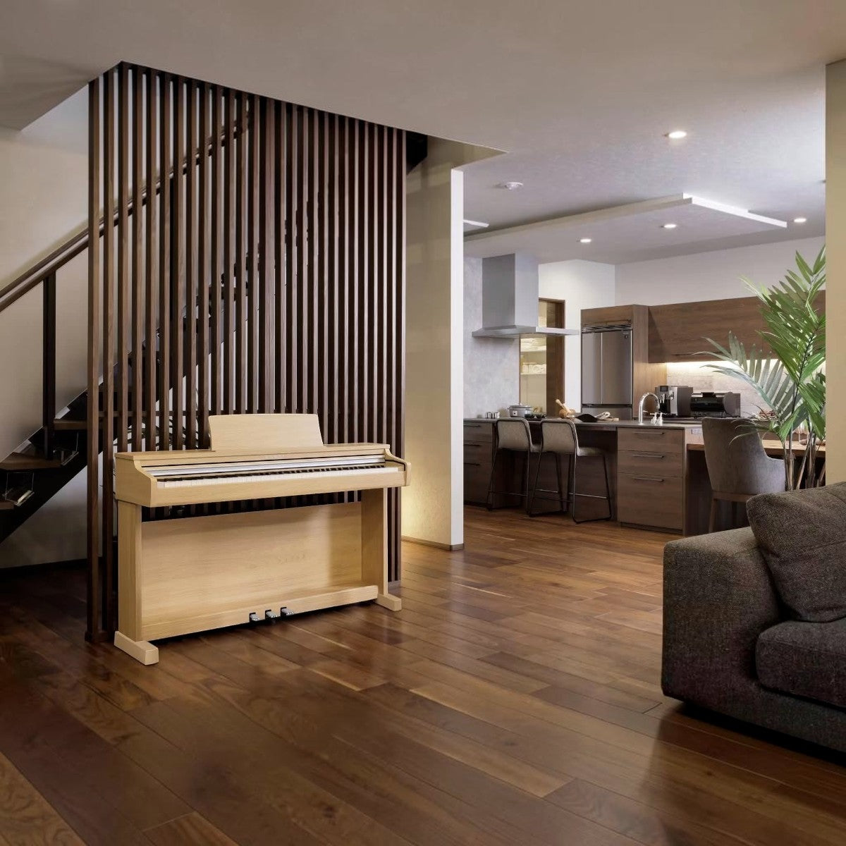 Đàn piano điện Kawai CX202 dáng tủ màu gỗ sáng đặt trong phòng khách hiện đại tại Tân Nhạc Cụ