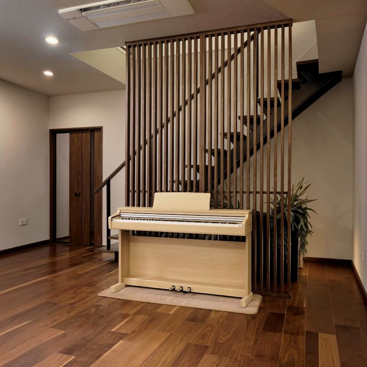 Đàn piano điện Kawai CX202 màu gỗ sáng đặt tại phòng khách, phân phối bởi TÂN NHẠC CỤ