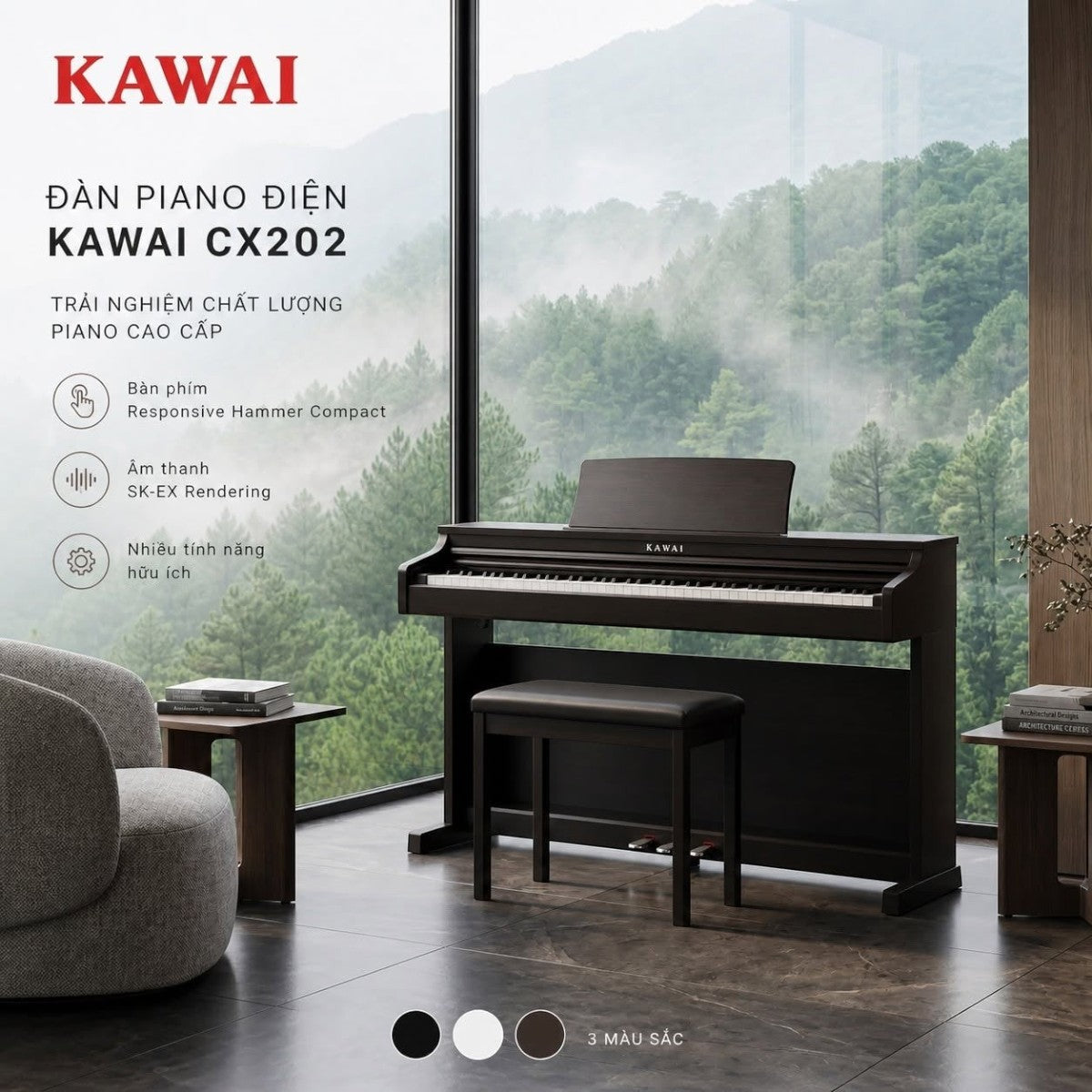 Đàn piano điện Kawai CX202 dáng tủ màu nâu gỗ sang trọng tại showroom Tân Nhạc Cụ, thiết kế hiện đại và tinh tế.