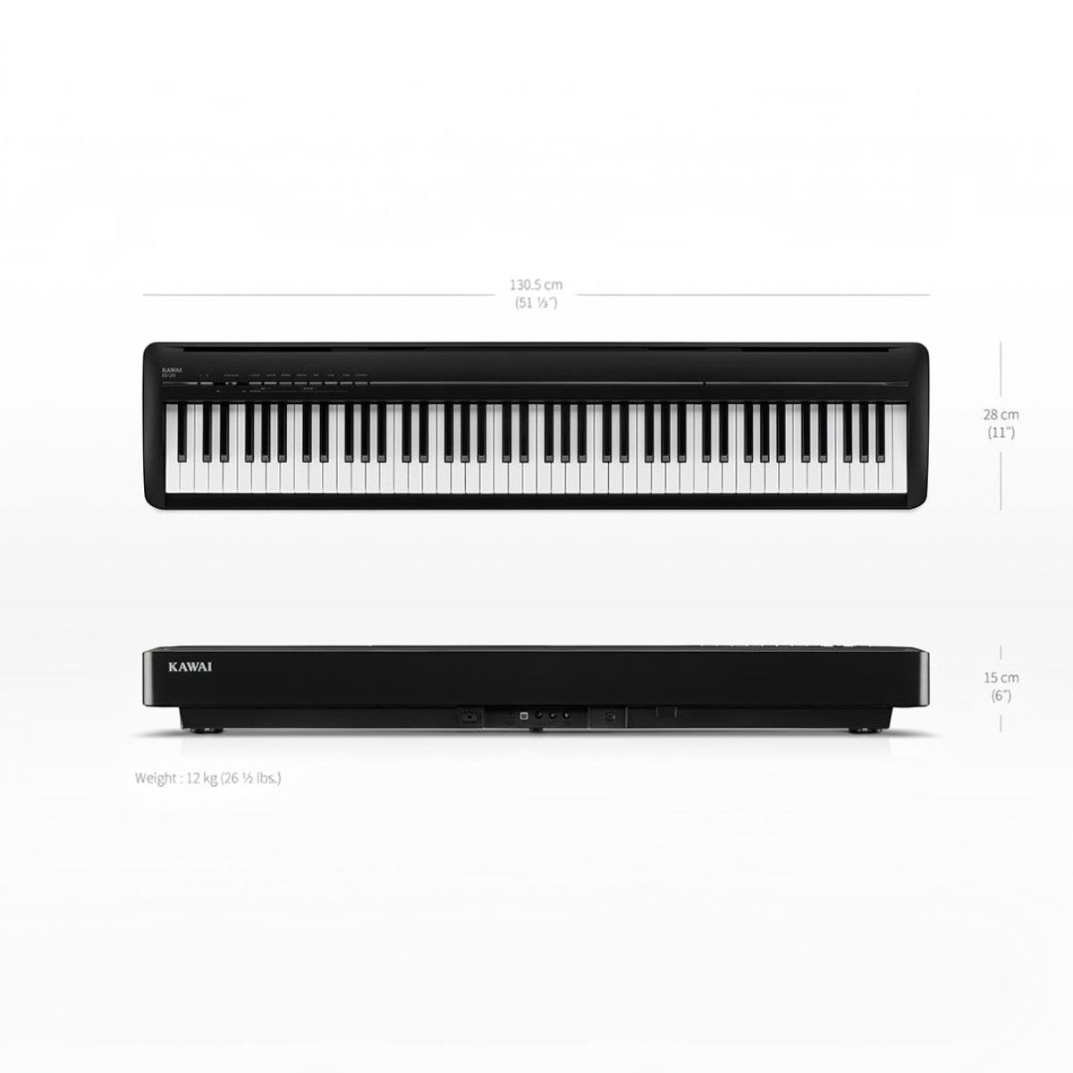 Đàn piano điện Kawai ES120 màu đen tại Tân Nhạc Cụ với thông số kích thước và trọng lượng chi tiết
