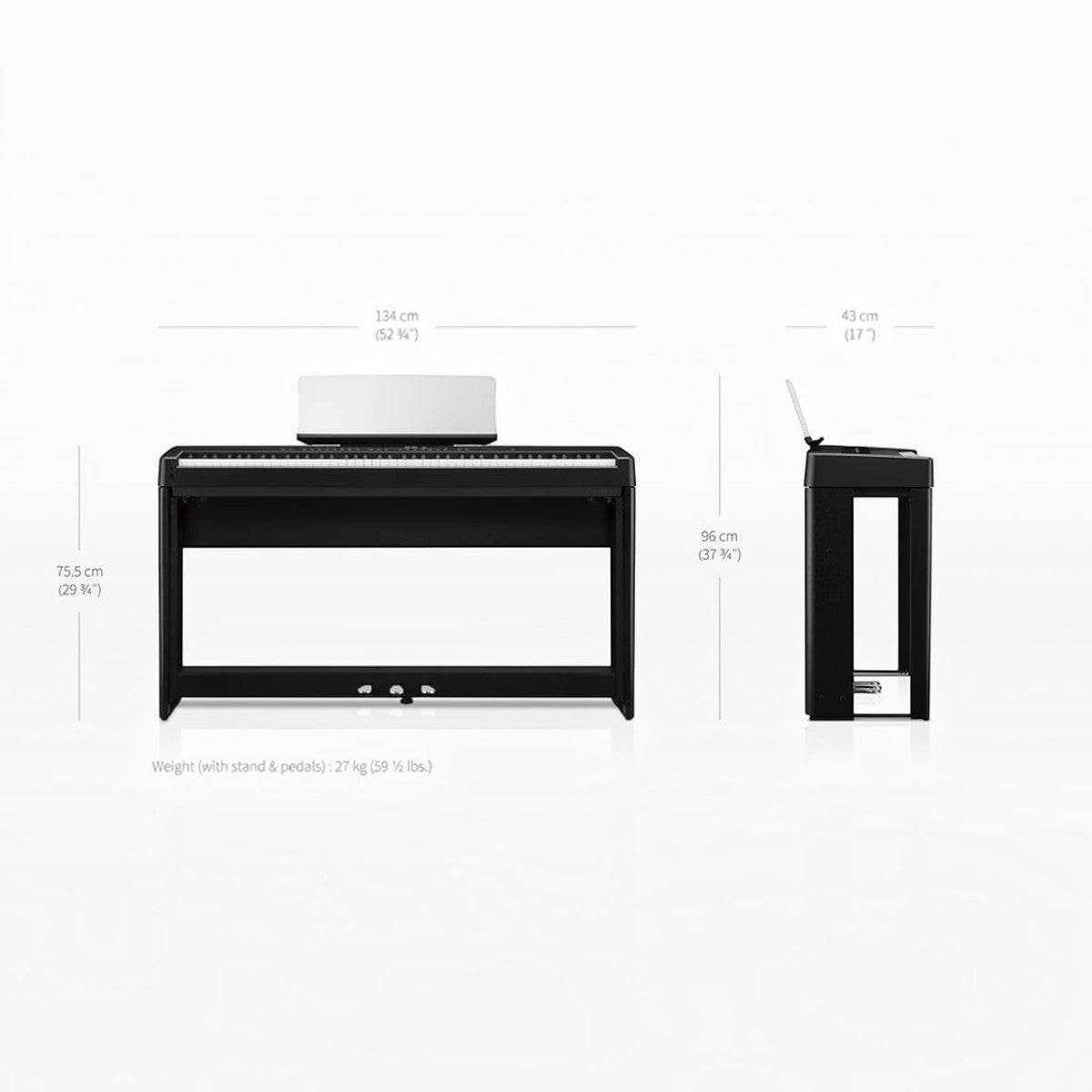 Đàn piano điện Kawai ES520 màu đen từ Tân Nhạc Cụ hiển thị kích thước chi tiết mặt trước và mặt bên