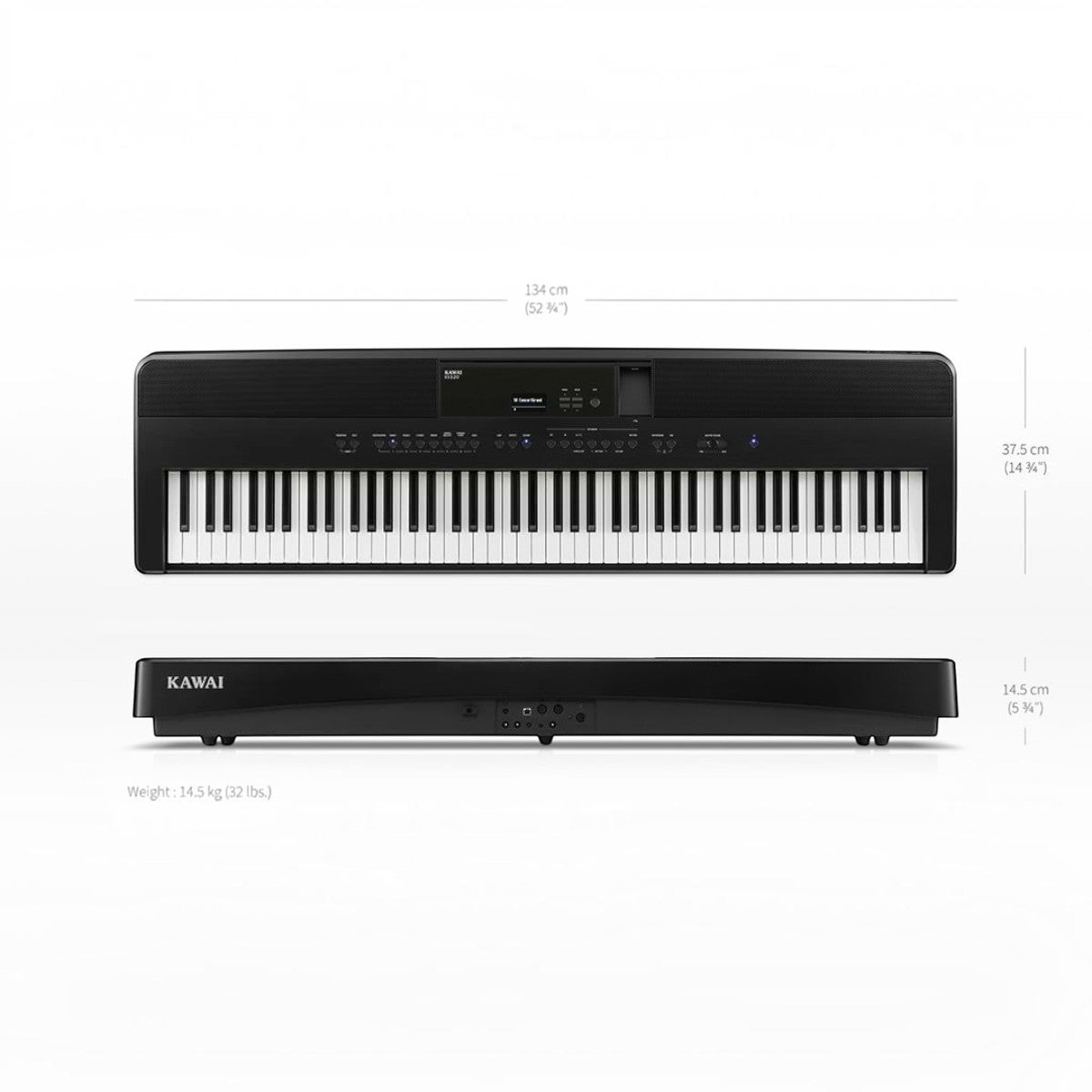 Đàn piano điện Kawai ES520 màu đen tại TÂN NHẠC CỤ, hiển thị góc nhìn từ trên xuống và mặt sau với kích thước chi tiết