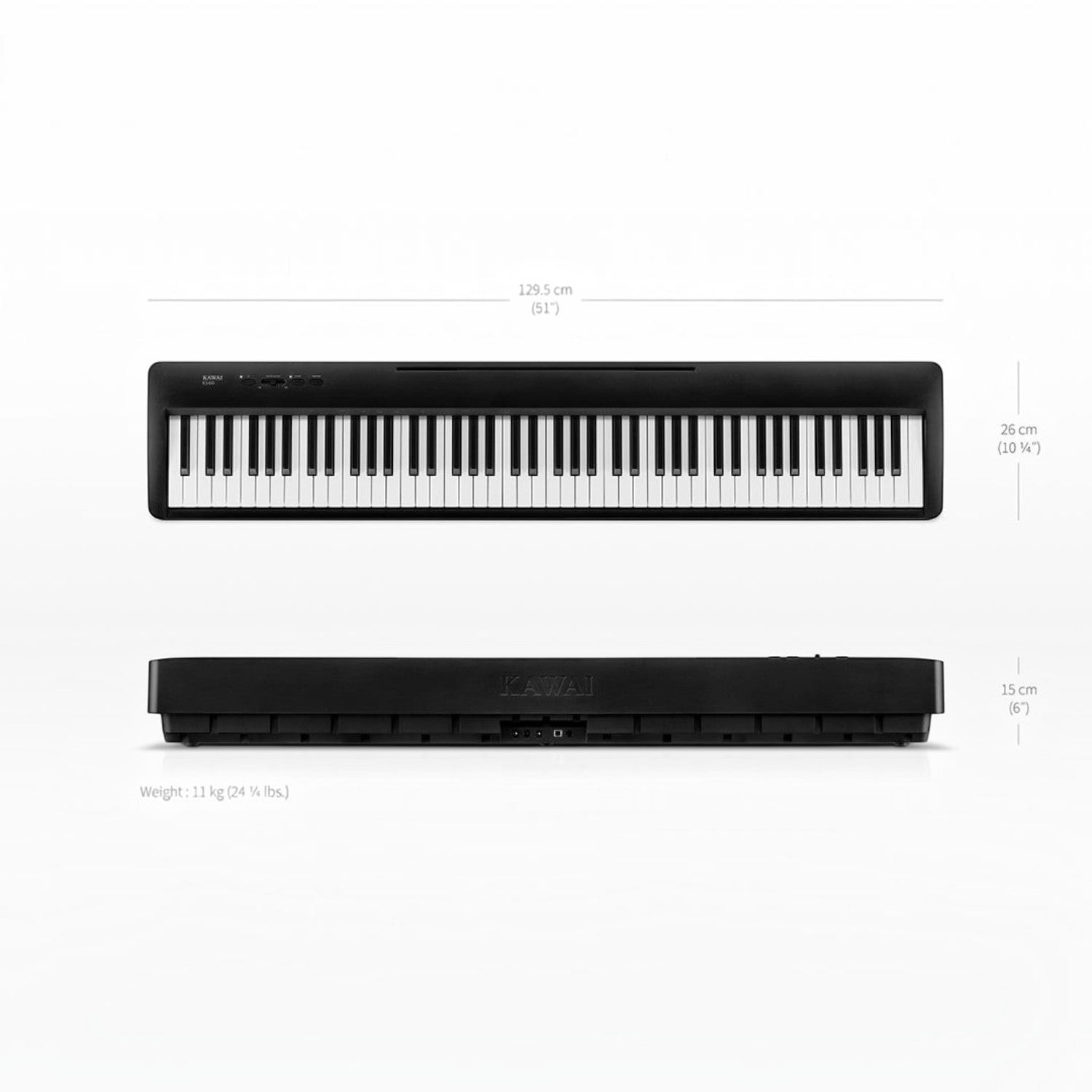 Đàn piano điện Kawai ES60 màu đen tại TÂN NHẠC CỤ, hiển thị kích thước chi tiết và thiết kế 88 phím búa.