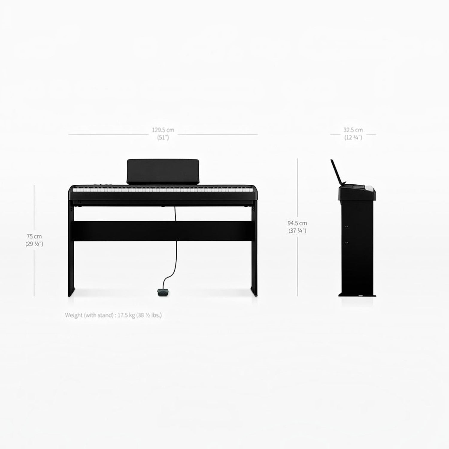 Đàn piano điện Kawai ES60 màu đen tại TÂN NHẠC CỤ, hiển thị kích thước chi tiết và thiết kế chân đàn