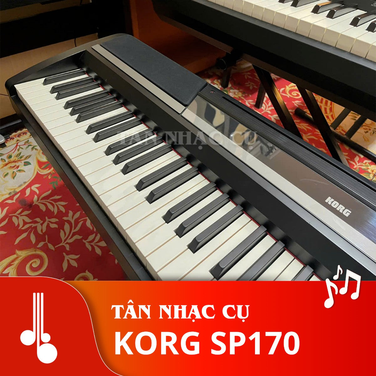 Đàn piano điện Korg SP170 màu đen tại TÂN NHẠC CỤ với bàn phím búa NH, thiết kế tối giản và loa tích hợp.