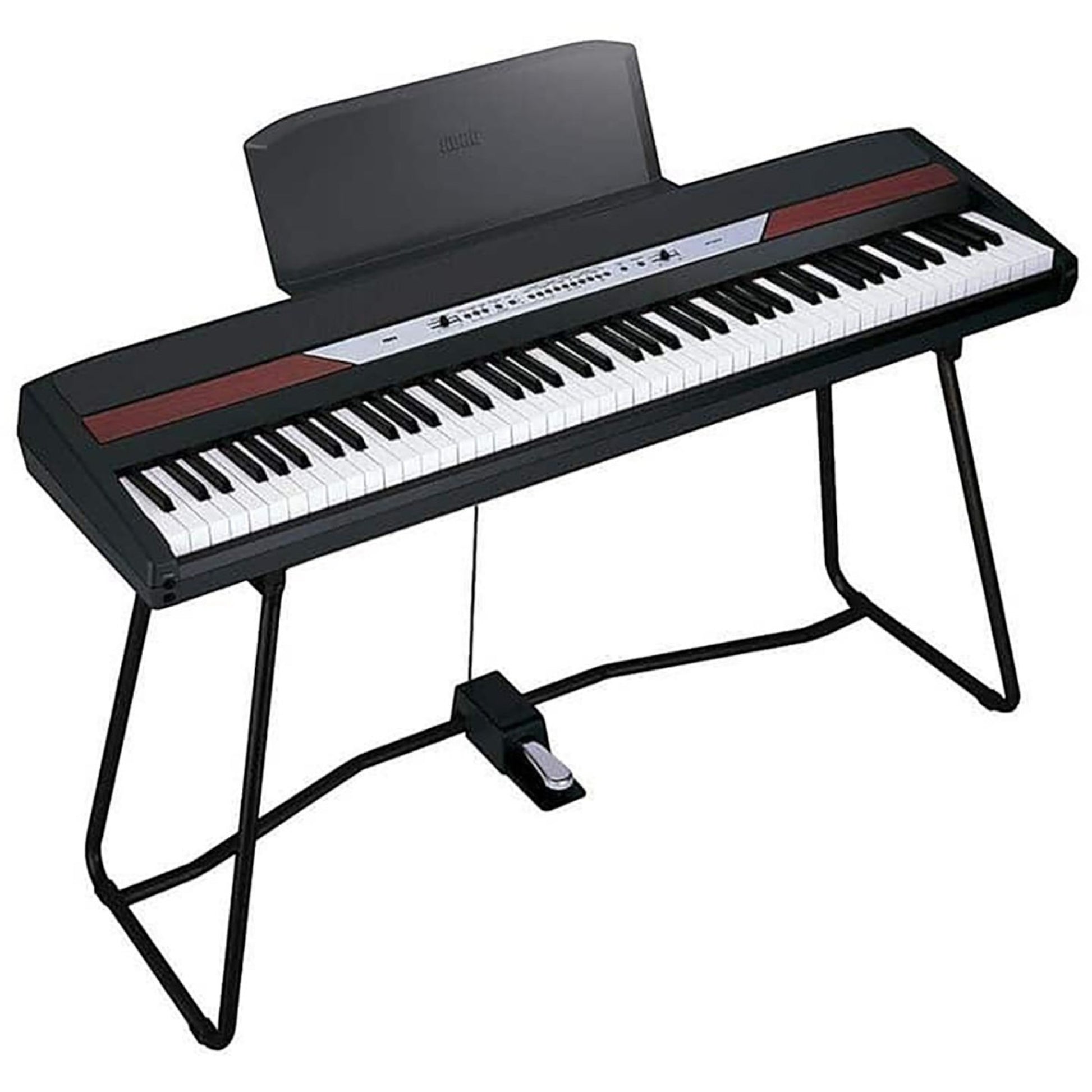 Đàn piano điện Korg SP-250 màu đen với chân đứng và pedal tại TÂN NHẠC CỤ, thiết kế gọn gàng, bàn phím búa RH3.