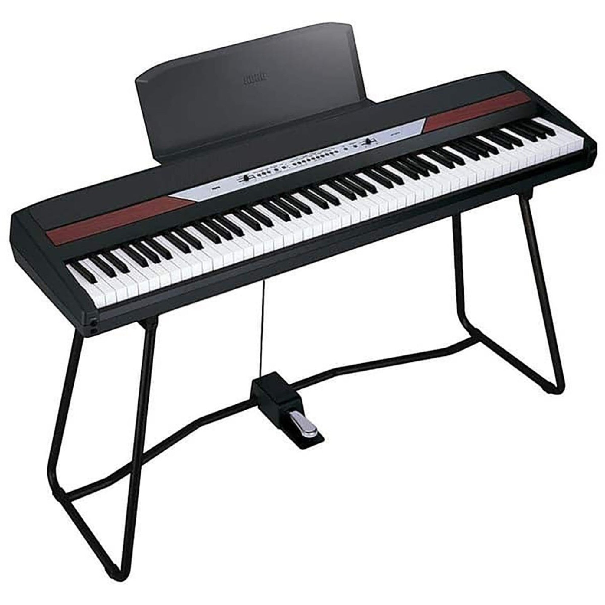 Đàn piano điện Korg SP-250 màu đen với chân đứng và pedal tại TÂN NHẠC CỤ, thiết kế gọn gàng, bàn phím búa RH3.